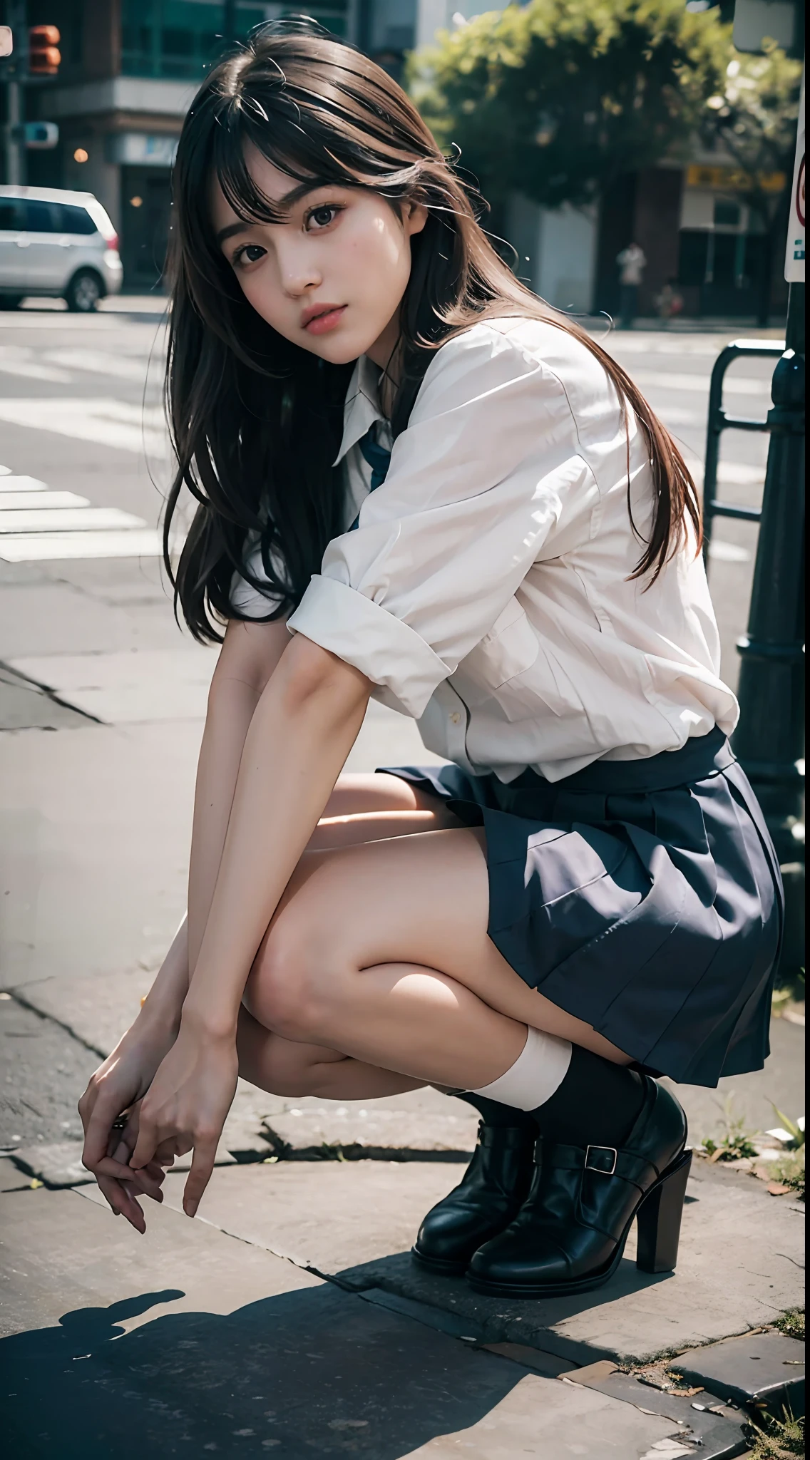Move your center of gravity back, put your hands forward from both feet, put both feet in the circle of your hands, pretty embarrassing, no panties, thin legs, tight skirts, knees at 90 degrees, heels on the ground on, hands in front of my feet, hugging my legs, kneeling down, sidewalk, RAW photos, 8K, highest quality, ultra-high resolution, beautiful faces detailed, real human skin, gentle expressions, Front view, angle from below, long hair, realistic, photorealistic, cute, short skirt, squatting deep in the city, cute school girl, Japanese schoolgirl uniform, wearing Japanese school uniform, surreal high school girl, whole body,