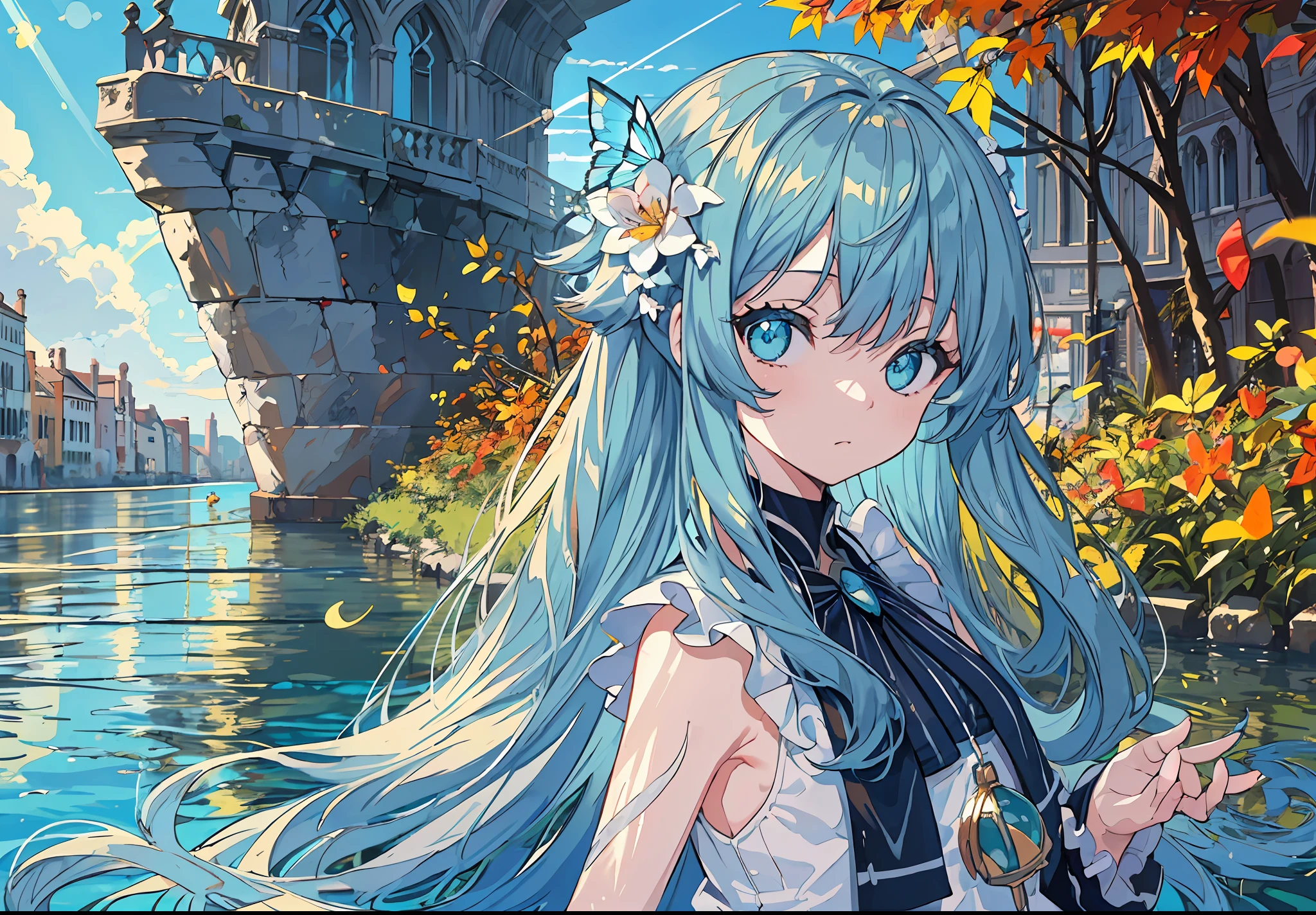 (flat color),colorful,(masterpiece:1,2), best quality, masterpiece, highres, original, extremely detailed wallpaper, looking at viewer, (close-up),((colorful)),(Detailed eyes description), (8K wallpaper), (masterpiece,best quality,ultra-detailed,illustration),(cinematic lighting),dreamy atmosphere,(bubble),warm light,1girl,solo ( girl:1.5),(1girl),(Station type,Telephoto lens, wide Angle lens),First person,Depth of field 1girl,solo,loli, pressionless,(+++a girl with lightblue long gradient hair and blue aqua eyes+++:1.2),with butterfly,standing , constricted pupils, (hair flowers),small breasts, long bangs,hime cut,(solo:1.5),Long hair, wavy hair, curly hair, fall clothes,dull Back, look back,close-up water, wading, ball, underwater, (blue sky:1.3), cloud, wet, swimming, coast, venice, blue sky, (on water:1.3), (cloud:1.3),(Strong sunlight:1.5), (hiten1:0.6)