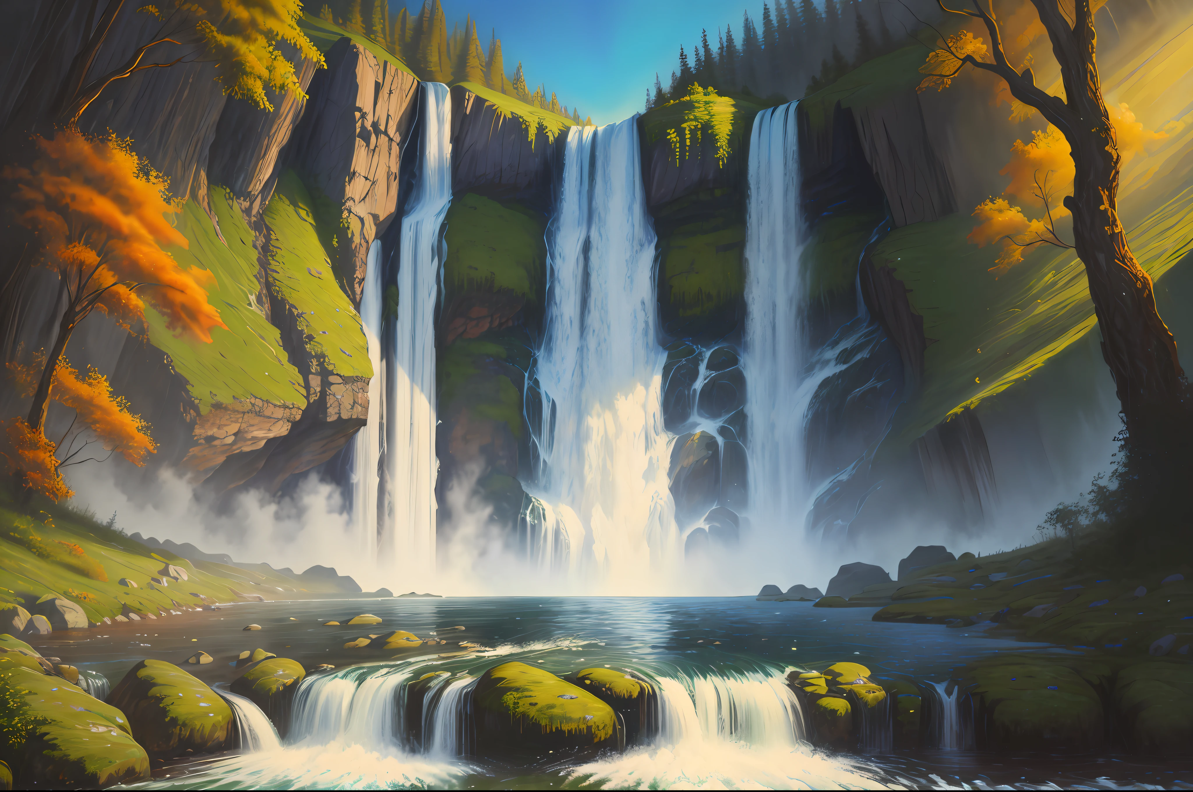 (best quality, masterpiece), oil painting, with an amazing waterfall as theme.