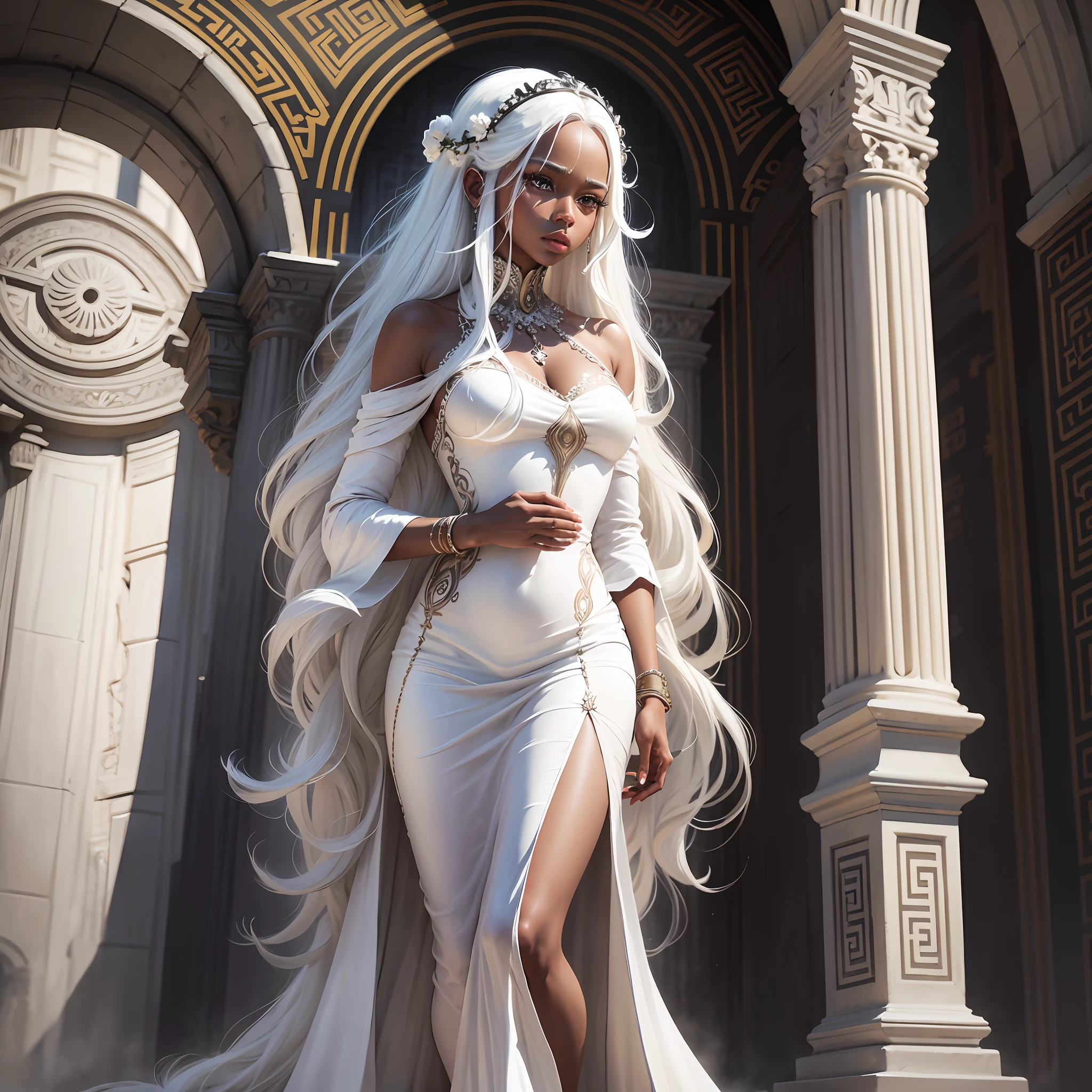 Best quality, best definition, best art, artwork, beautiful, painting, white hair, long white hair, perfect hair, long hair, perfect skin, black skin, brown skin, black skin, dress, long white dress, white dress, greek goddess dress, full body, whole body.