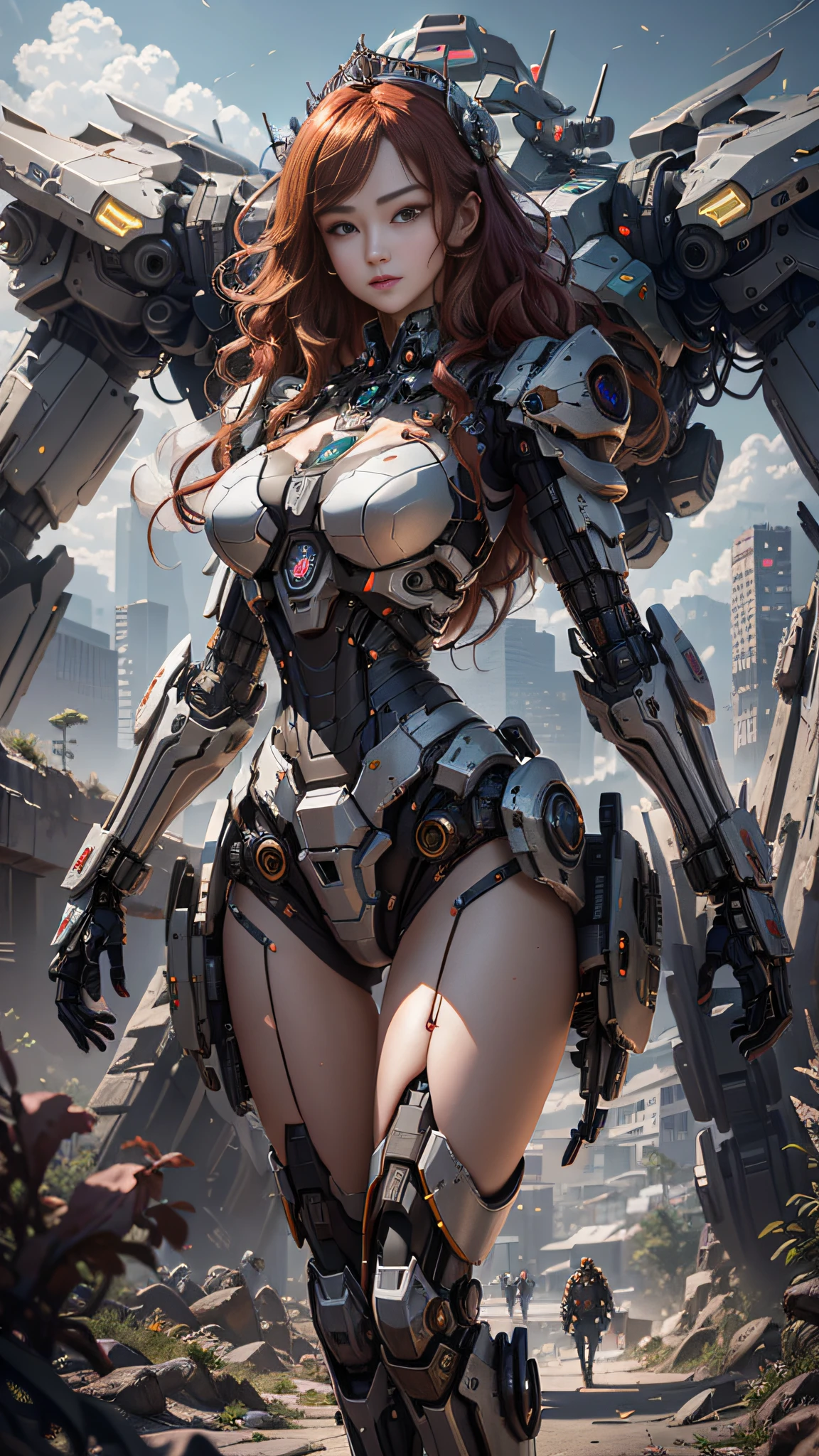 ((Best Quality)), ((Masterpiece)), (Very Detailed: 1.3), 3D, Shitu-mecha, Beautiful cyberpunk woman wearing crown with her ruined mecha of a forgotten war city, long red hair, sci-fi technology, HDR (High Dynamic Range), ray tracing, nvidia RTX, super resolution, unreal 5, subsurface scattering, PBR texture, post-processing, anisotropic filtering, depth of field, maximum sharpness and sharpness, multi-layer texture,   Specular and albedo mapping, surface shading, precise simulation of light-material interactions, perfect proportions, octane rendering, duotone lighting, low ISO, white balance, rule of thirds, wide aperture, 8K RAW, high efficiency subpixels, subpixel convolution, light particles, light scattering, Tyndall effect, very sexy,