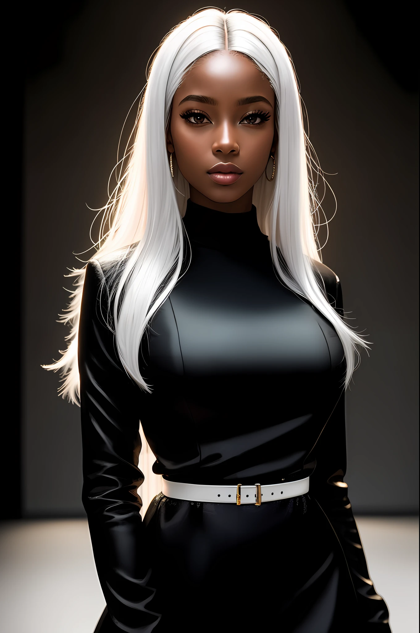 Best quality, masterpiece, high resolution, 1 young black woman, black chorus jacket dress,light gray dress,white hair,beautiful face,physique, Tyndall effect,realistic,light studio,rim lighting,duotone lighting,(high detail skin: 1.2), 8k uhd, DSLR, clear light, high quality, volumetric light, stealth shot, photo, high resolution, 4k, 8k, bokeh