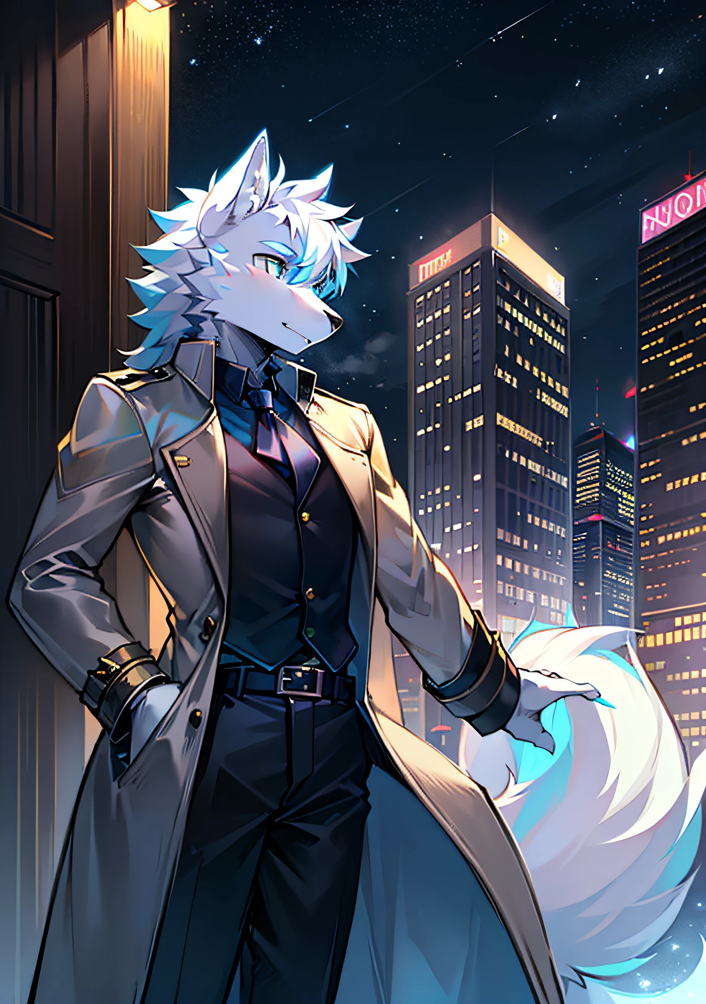 High-rise buildings, neon, rooftops, white wolves looking at the sky, twinkling stars, blues, big tails, teenagers, trench coats, small scenes