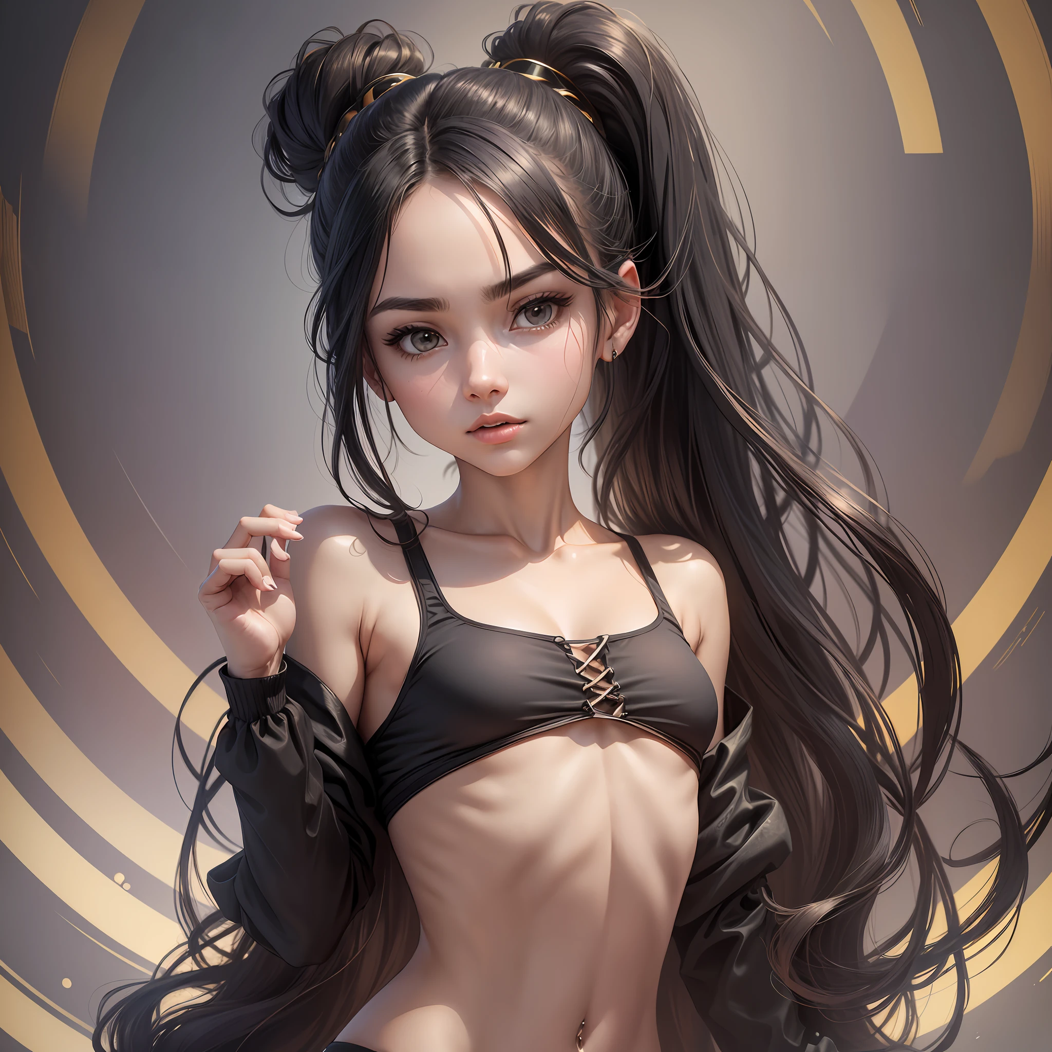 A realistic image of beautiful young woman in black underwear, short golden sports blouse, s((very small and symmetrical ties)), long straight hair, ponytail, perfect and detailed hands, perfect feet, slim body, levitation of the young woman