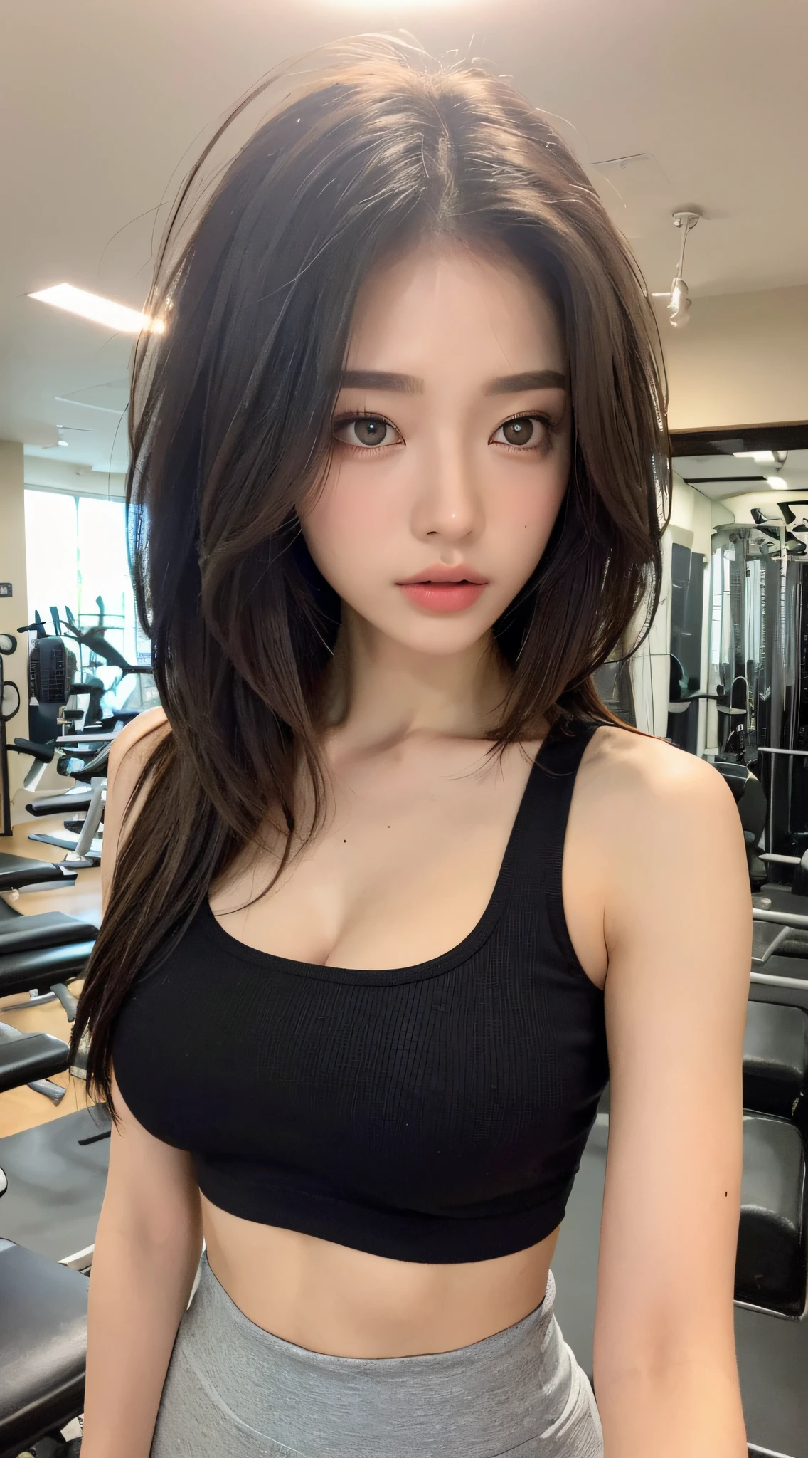 ((Best Quality, 8K, Masterpiece: 1.3)), Sharp: 1.2, Perfect Body Beauty: 1.4, Slim Abs: 1.2, ((Layered Hairstyle, Big Breasts: 1.2)), Highly detailed face and skin texture, Fine eyes, Double eyelids, gym, wearing yoga pants, tank top