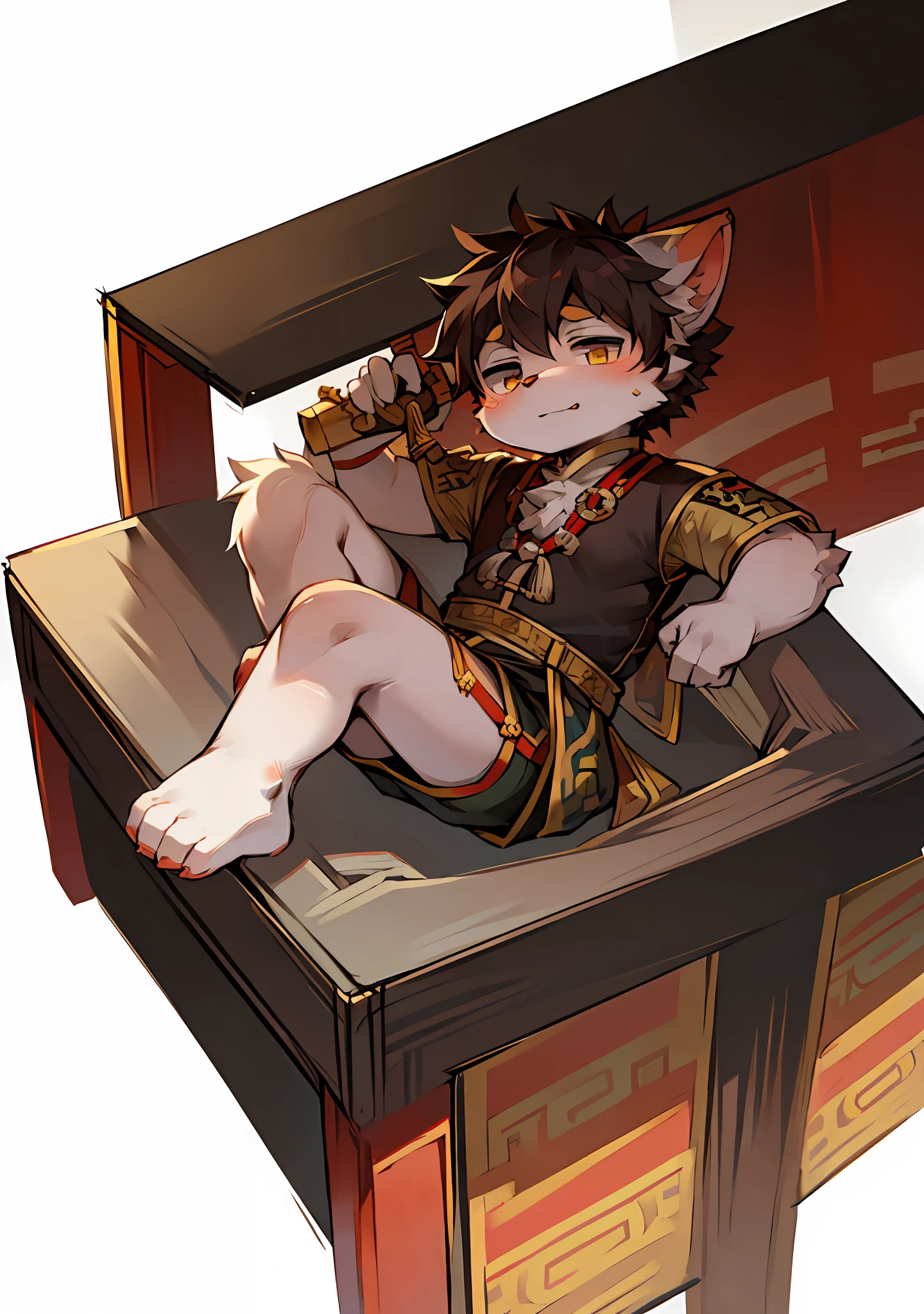 furry ancient Chinese warrior clothes Full body hair Cute cub carrying a sword Little boy Shota Good looking pattern Different eye colors Animal ears