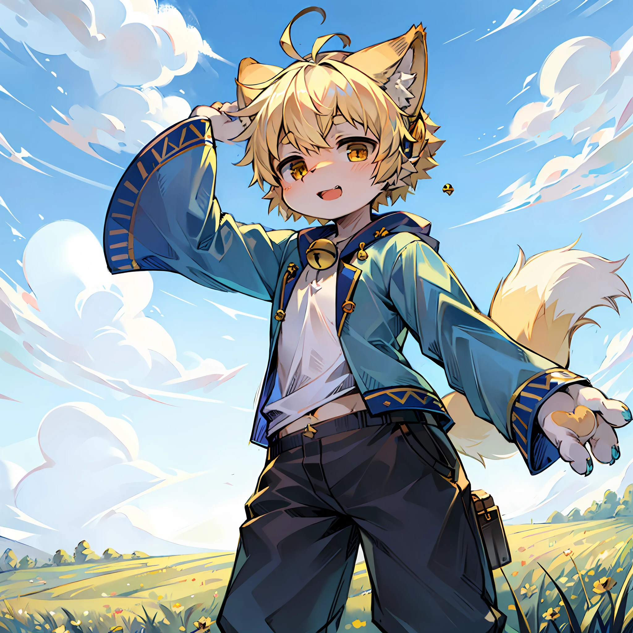 field, garden, band-aid, short hair, blonde, ahoge, bell, headphones, lower body, child, furry, cat ears, open mouth, cloud, sky, in summer, no spots, cubs, yellow fur everywhere, cat ears, cat type, big fluffy tail, masterpiece, high-quality portrait, human figure, cub, beard, solo child boy, wind, pose, full shot, sky blue coat, gray shorts, yellow scarf, white shirt, super cute face, Furry paws