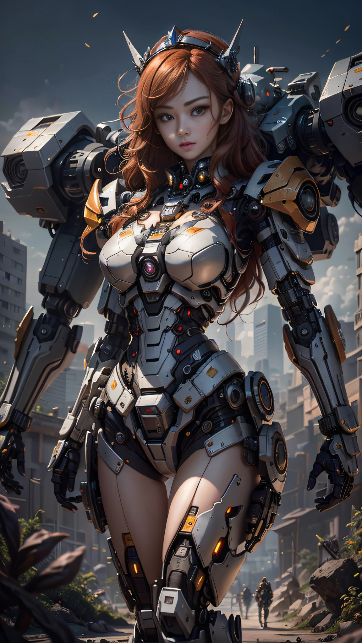 ((Best Quality)), ((Masterpiece)), (Very Detailed: 1.3), 3D, Shitu-mecha, Beautiful cyberpunk woman wearing crown with her ruined mecha of a forgotten war city, long red hair, sci-fi technology, HDR (High Dynamic Range), ray tracing, nvidia RTX, super resolution, unreal 5, subsurface scattering, PBR texture, post-processing, anisotropic filtering, depth of field, maximum sharpness and sharpness, multi-layer texture, Specular and albedo mapping, surface shading, precise simulation of light-material interactions, perfect proportions, octane rendering, duotone lighting, low ISO, white balance, rule of thirds, wide aperture, 8K RAW, high efficiency subpixels, subpixel convolution, light particles, light scattering, Tyndall effect, very sexy,
