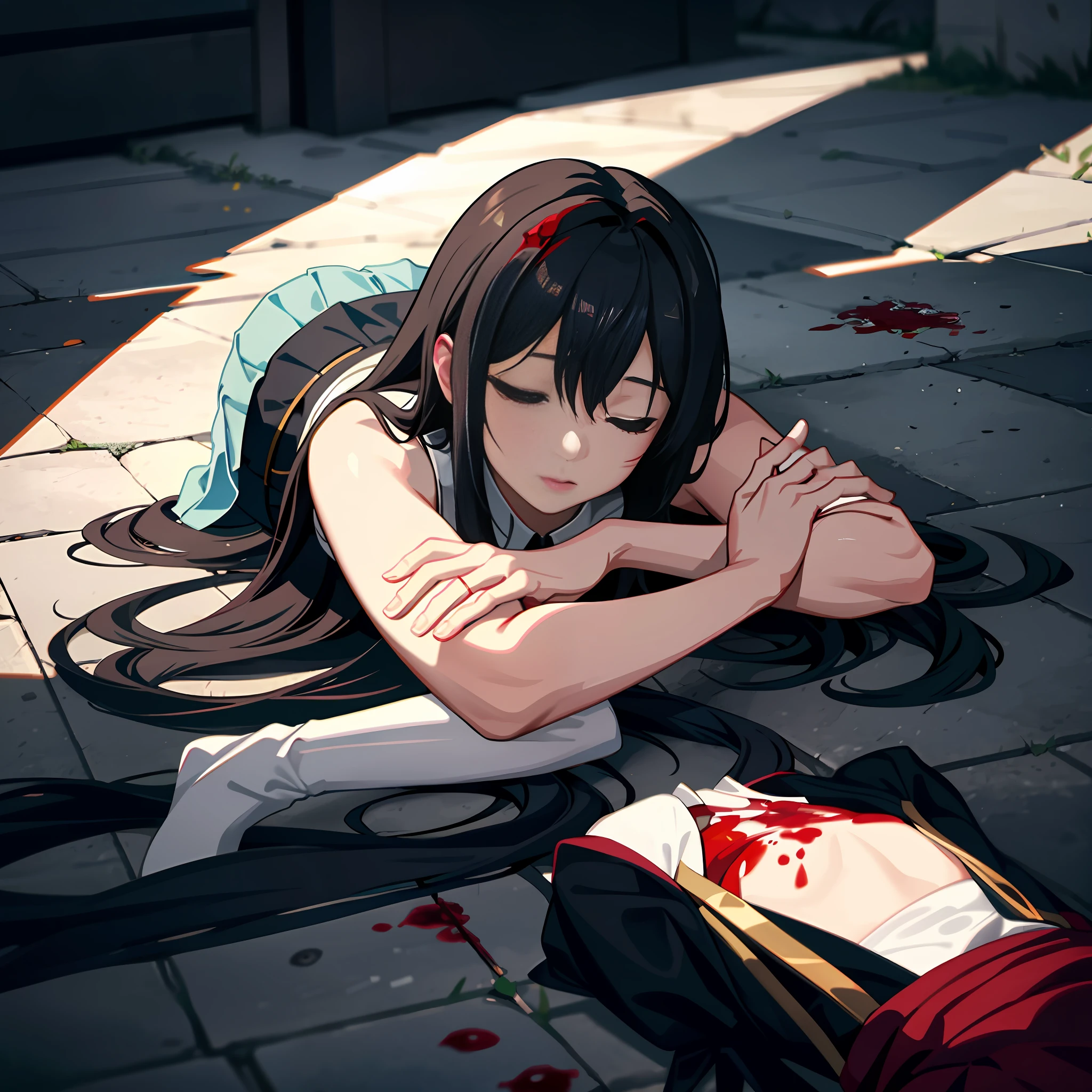 Lady, lying on the ground, with scars on her body, bleeding, eyes closed, skirt, blood on her face, expressionless,