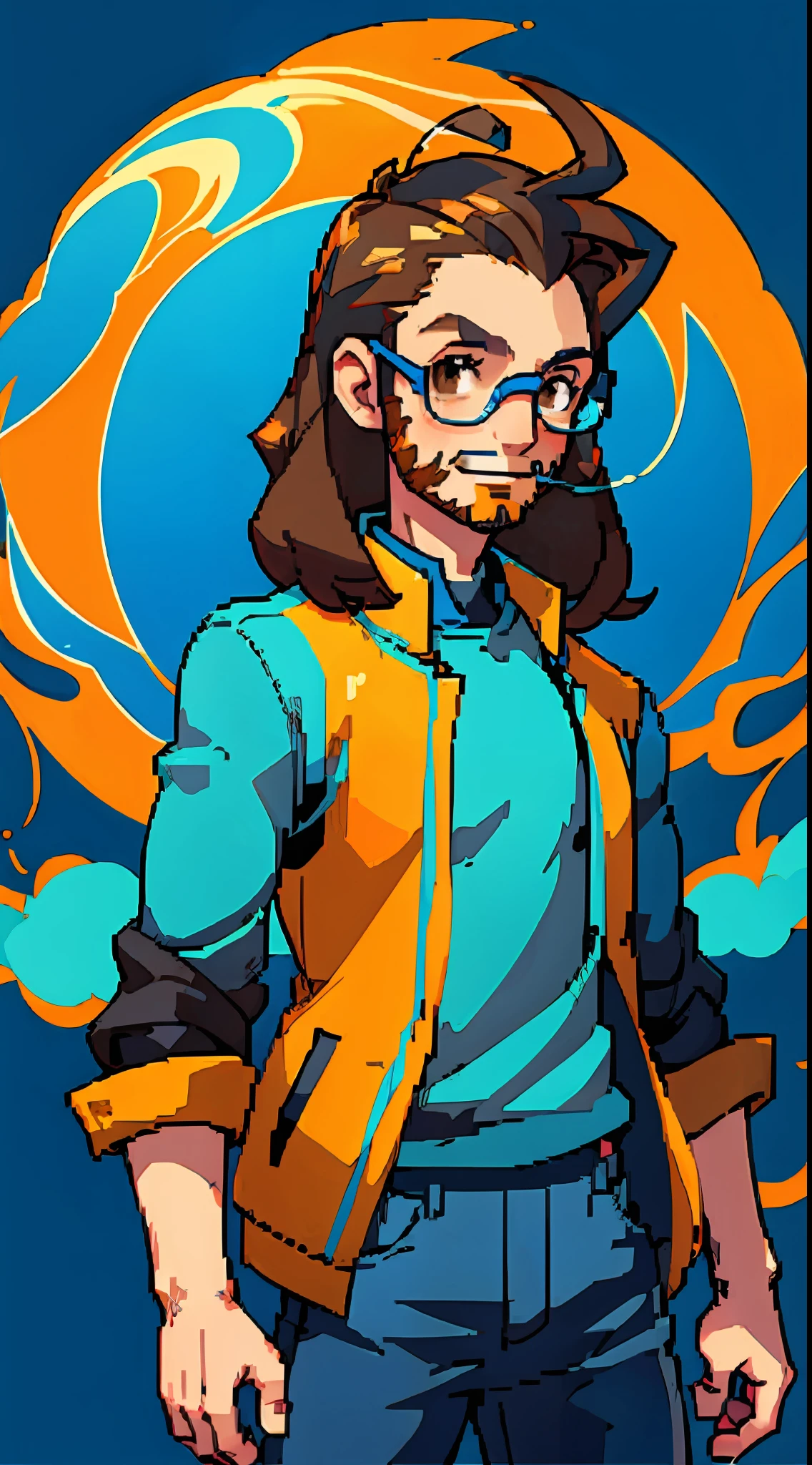 (best quality, masterpiece), 1man, Gary of Pokémon, blue frame glasses, smoke, (cartoon: 1.5), jacket, black pants, avatar style, smiling, dark blue elements and orange elements, long and light brown hair, 30 years, long hair, brown eyes. brown eyes. thinning beard,