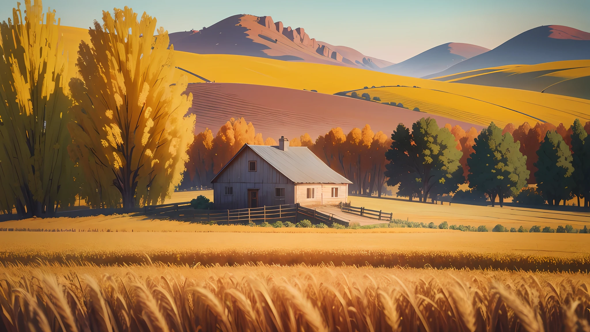 Description: Combine the beauty of matte painting and impressionism to portray a rustic country landscape during harvest season. Picture sun-kissed fields stretching towards the horizon, filled with golden wheat ready for harvest. Paint vibrant, textured strokes to capture the essence of impressionism, enhancing the image with matte painting techniques to depict a working farmstead in the distance. Add touches of warm autumn colors to evoke a cozy and inviting atmosphere --auto --s2