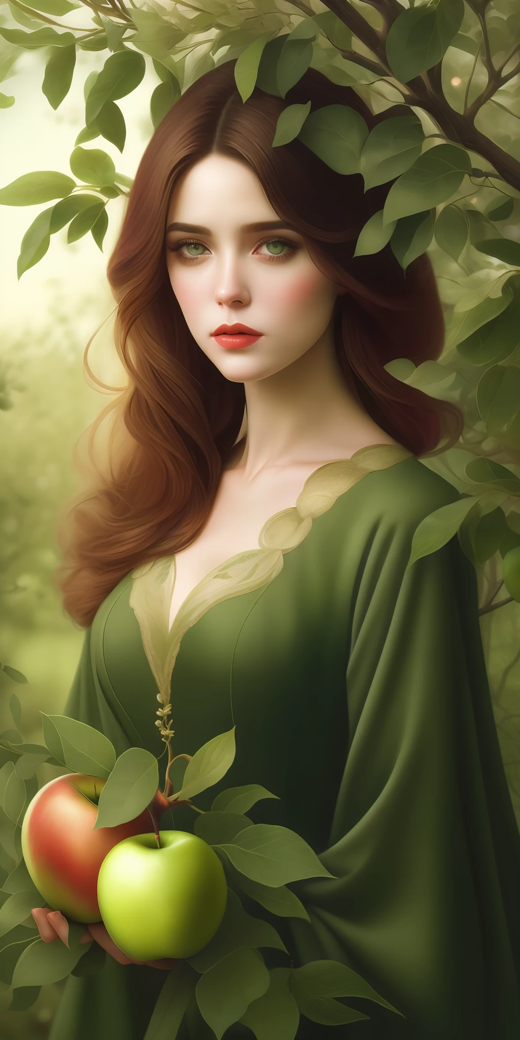Best quality,highest resolution,8k, artistic illustration, beautiful portrait, masterpiece, most beautiful woman,most beautiful girl, greedy eyes,dressed in green leaves,most beautiful girl in profile in front of an apple tree, greedy eyes,,, an apple tree,apples in its branches,Tom Bagshaw style, Tom Bagshaw Donato Giancola, dreamy and ethereal and dark
