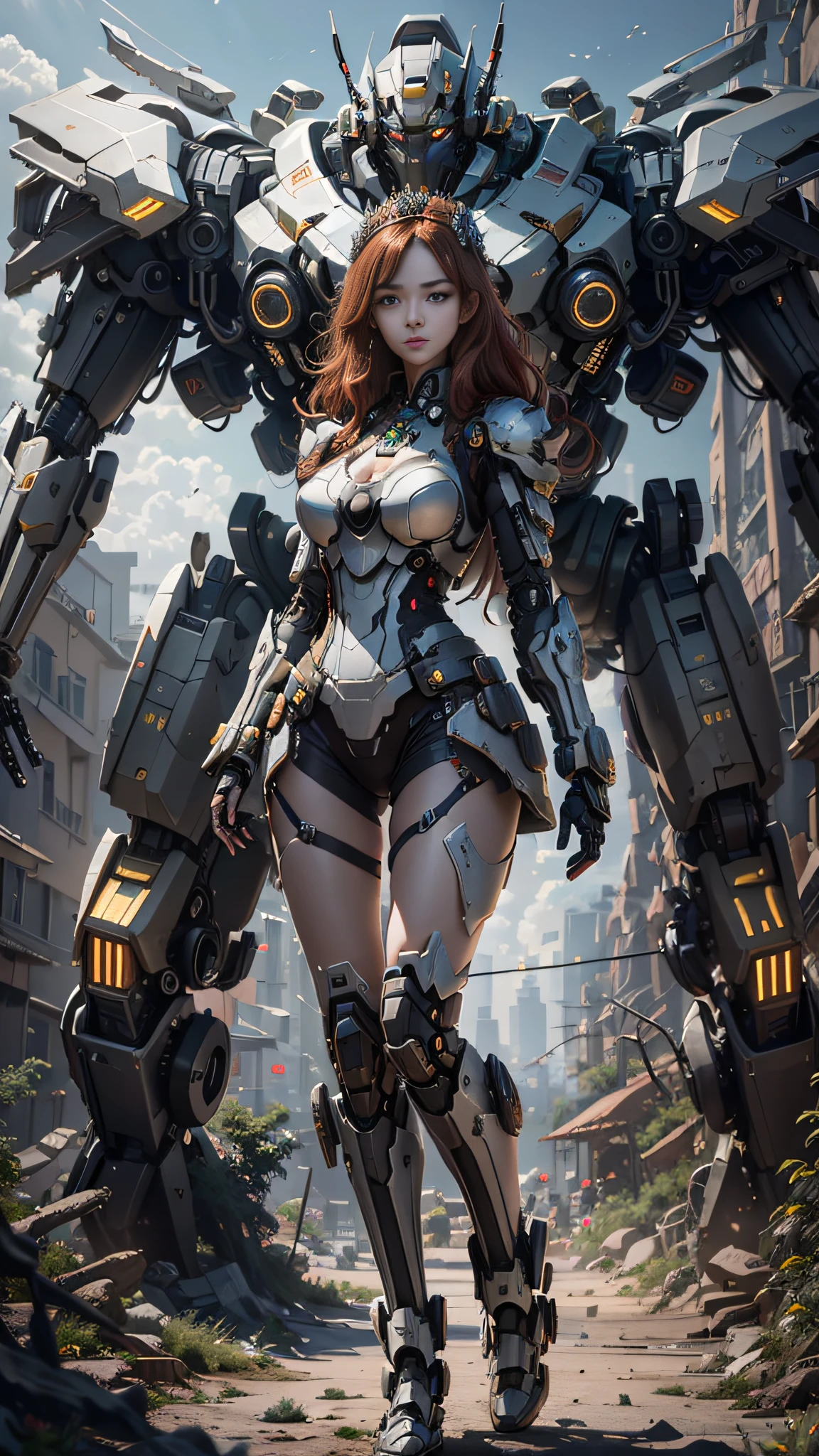 ((Best Quality)), ((Masterpiece)), (Very Detailed: 1.3), 3D, Shitu-mecha, Beautiful cyberpunk woman wearing crown with her ruined mecha of a forgotten war city, long red hair, sci-fi technology, HDR (High Dynamic Range), ray tracing, nvidia RTX, super resolution, unreal 5, subsurface scattering, PBR texture, post-processing, anisotropic filtering, depth of field, maximum sharpness and sharpness, multi-layer texture,   Specular and albedo mapping, surface shading, precise simulation of light-material interactions, perfect proportions, octane rendering, duotone lighting, low ISO, white balance, rule of thirds, wide aperture, 8K RAW, high efficiency subpixels, subpixel convolution, light particles, light scattering, Tyndall effect, very sexy,