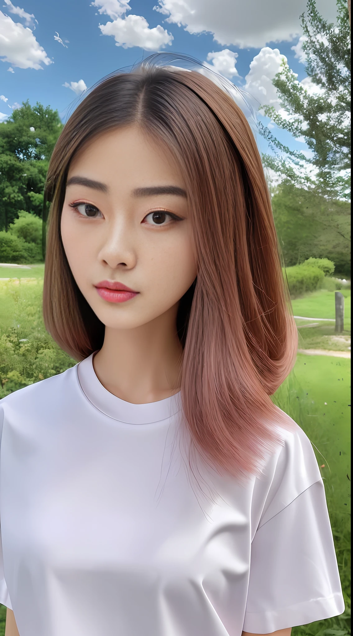 22 years old Korean girlfriend, beautiful, very detailed, glossy face, pink peach lip stain, face close-up, clear facial contours, ((melon seed face)), sexy big breasts, ((inner buttoned hairstyle)) ((bust)), outdoor, high-end sense T-shirt, grass, (garden), blue sky and white clouds
