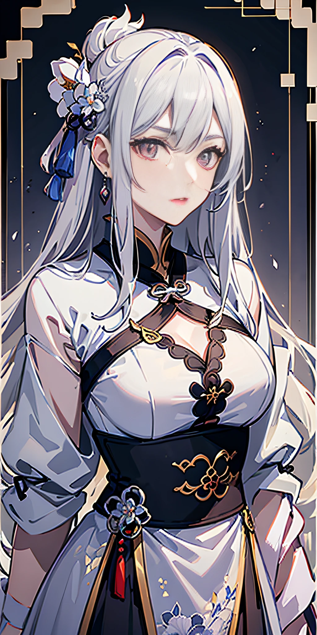 Masterpiece, Best, Night, Full Moon, 1 Female, Mature Woman, Chinese Style, Ancient China, Elder Sister, Royal Sister, Cold Face, Expressionless, Silver White Long Haired Woman, Pale Pink Lips, Calm, Intellectual, Three Belts, Gray Hitomi, assassin, dagger, flower ball background, street view