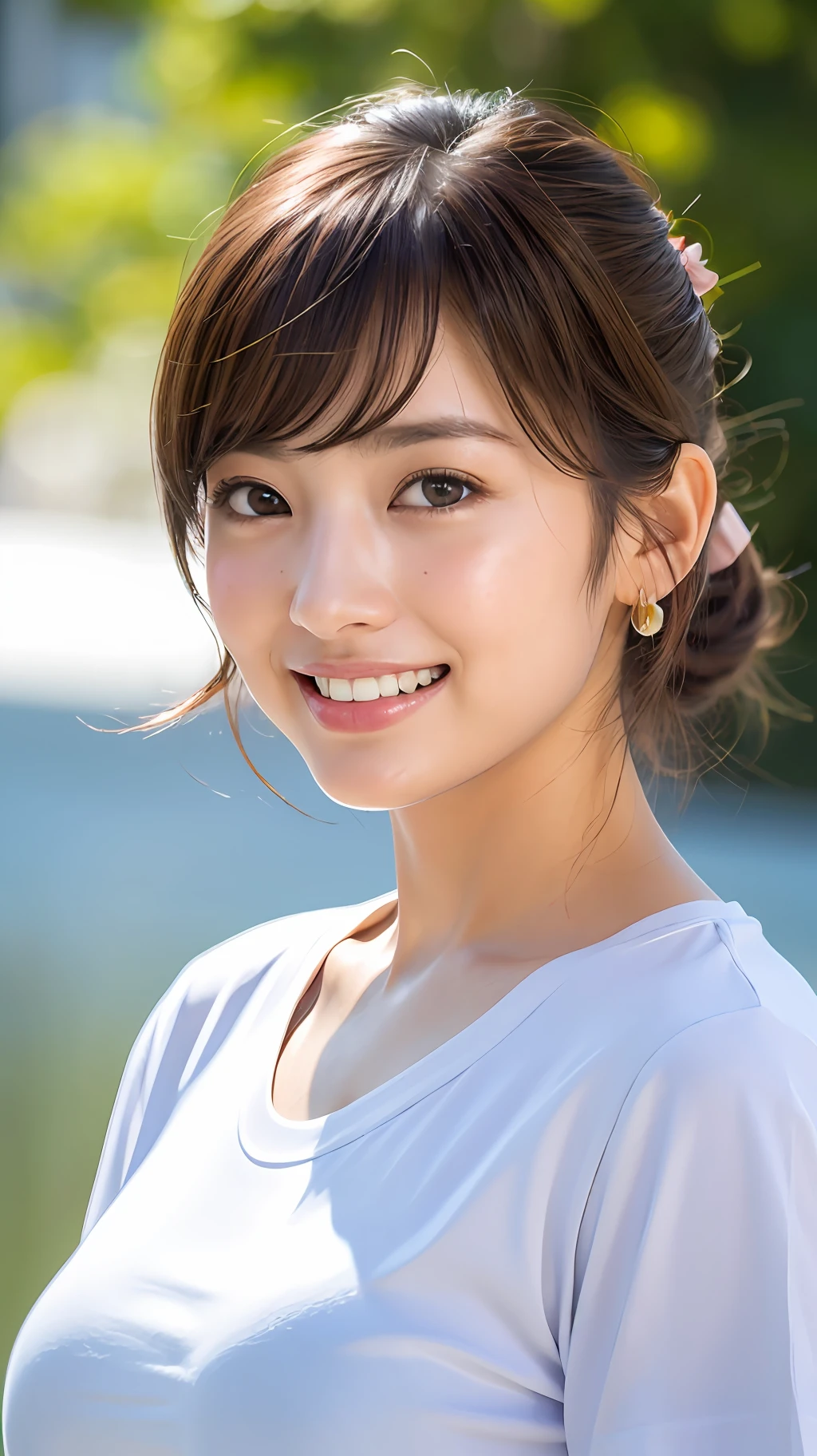 (8k, RAW photos,best quality, high resolution:1.1), (hyperrealistic:1.4),(realistic, photorealistic:1.3), soft light,big breasts,girl,realistic face,realistic body,realistic skin,absurdity,masterpiece,(cute:1.8), cuties, solo, (big breasts:1.2), detailed black eyes,innocent eyes,blusher,(t-shirt:1.2), cinema light,film grain,jewelry,earrings,((Medium hair:1.1)),((Floating Hair Novafrog Style)),cherry colored lips,hair ribbon,hair bow,ponytail,closeup,look viewer,short bob hair,upper body,open lips,upper teeth, (smiling eyes:0.6),((grinning:1.2)),depth of field, blurred background, eye focus, Bokeh,Young, 85mm Lens, f/1.4,Professional Lighting, Young,Portrait,Photon Mapping,Radiosity,Physically Based Rendering,No Bra