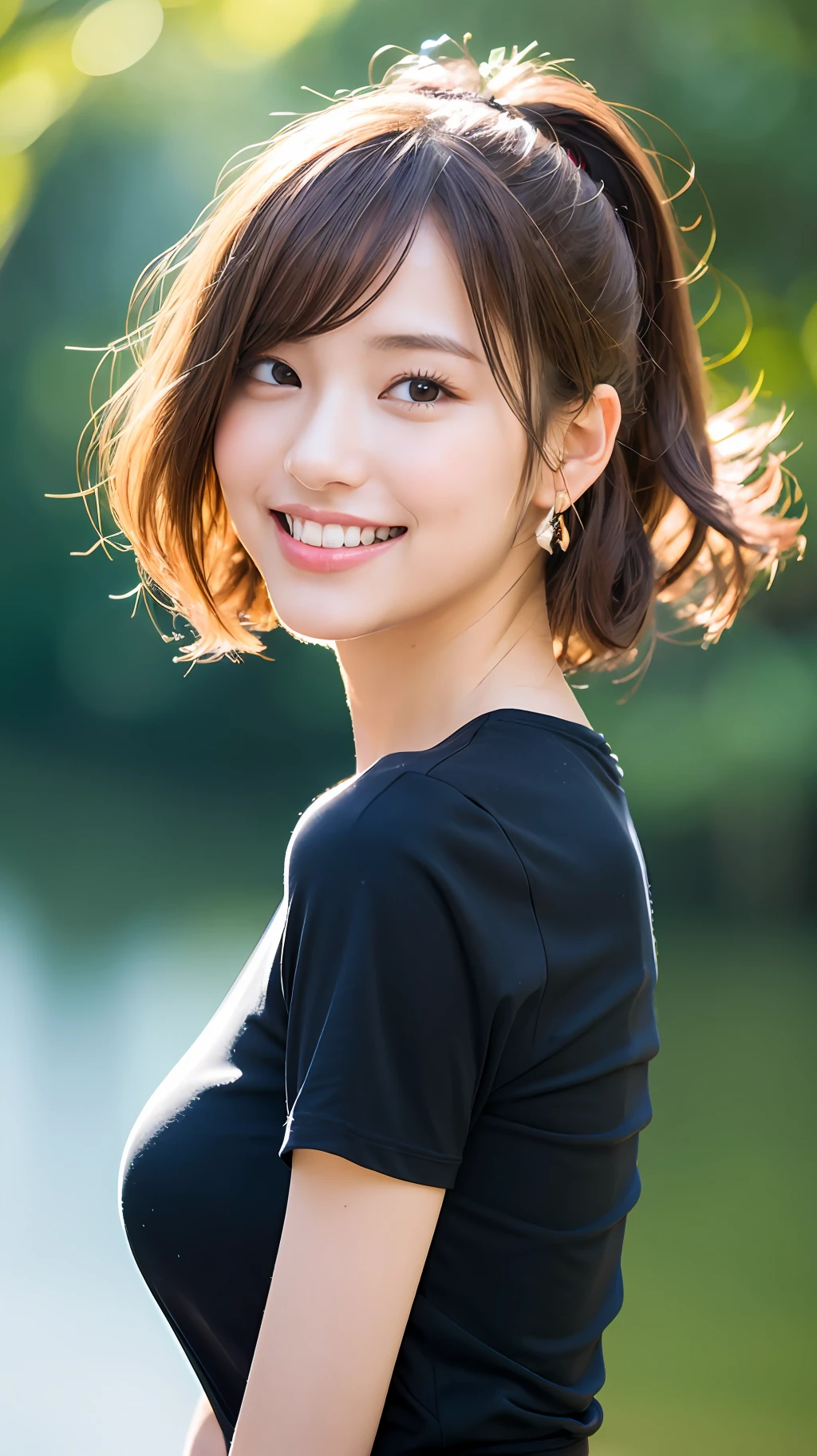 (8k, RAW photos,best quality, high resolution:1.1), (hyperrealistic:1.4),(realistic, photorealistic:1.3), soft light,big breasts,girl,realistic face,realistic body,realistic skin,absurdity,masterpiece,(cute:1.8), cuties, solo, (big breasts:1.2), detailed black eyes,innocent eyes,blusher,(t-shirt:1.2), cinema light,film grain,jewelry,earrings,((Medium hair:1.1)),((Floating Hair Novafrog Style)),cherry colored lips,hair ribbon,hair bow,ponytail,closeup,look viewer,short bob hair,upper body,open lips,upper teeth, (smiling eyes:0.6),((grinning:1.2)),depth of field, blurred background, eye focus, Bokeh,Young, 85mm Lens, f/1.4,Professional Lighting, Young,Portrait,Photon Mapping,Radiosity,Physically Based Rendering,No Bra