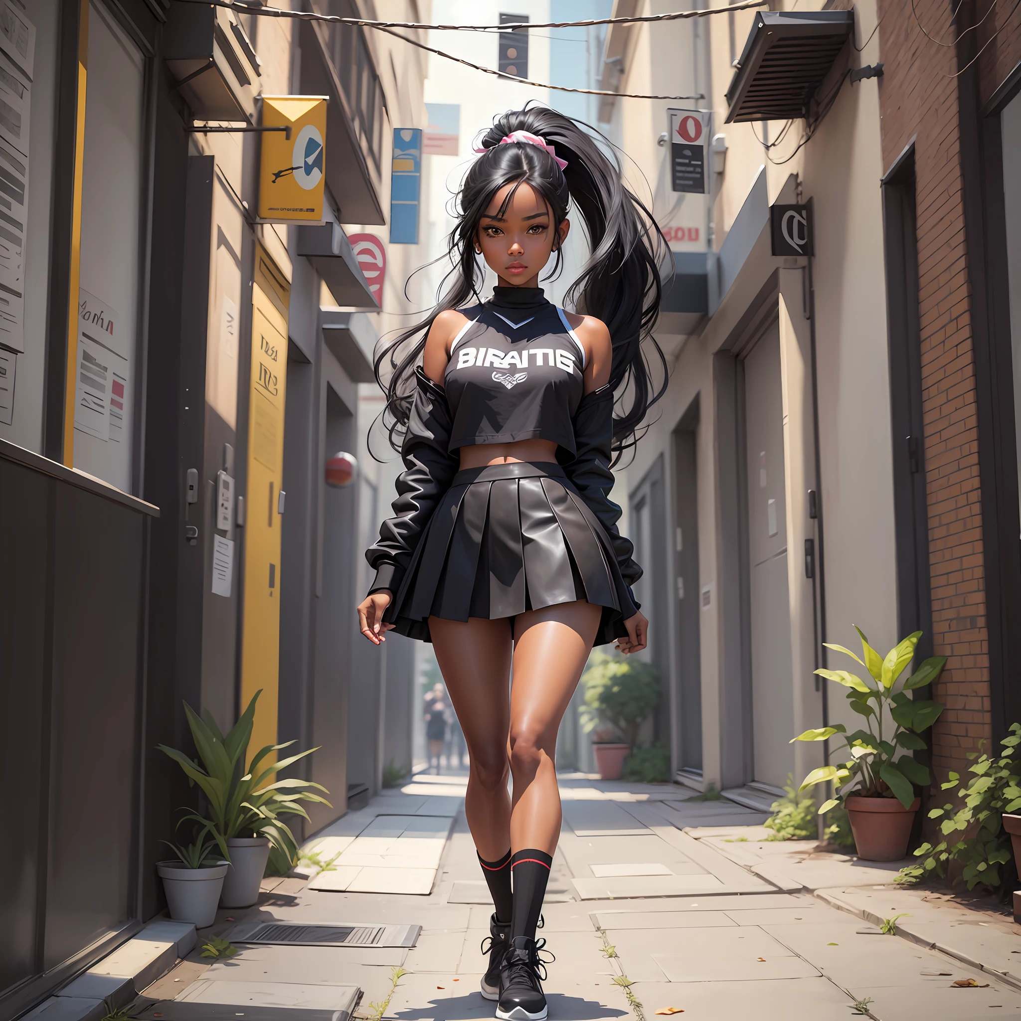 best quality, best definition, best art, artwork, gorgeous, painting, black hair, long black hair, perfect hair, long hair, ponytail hairstyle, perfect skin, black skin, cheerleader, skirt and top, cheerleader outfit, full body, full body, skirt and cheerleader top, full body, black skin, brown skin,  black skin.