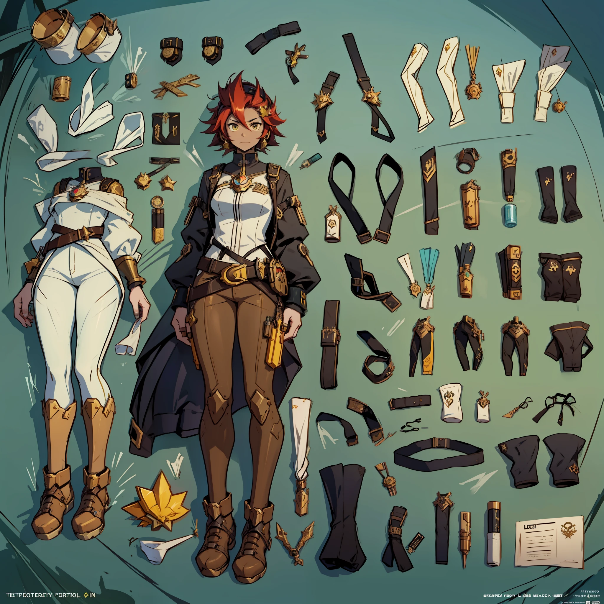 Close-up of a man in a gun costume, ((character concept art)), tall figure, ((character design sheet, same character, front, side, back)) maple story character art, video game character design, video game character design, maple story gun girl, girl with cute cartoon rabbit hairpin on her head, yellow glowing decoration on girl's clothes, expert high detail concept art, metal bullet concept art, funny character design, Lucio as a woman, gravity dash inspiration, sticky tar. Concept art, belt buckle at waist, steampunk weapon,