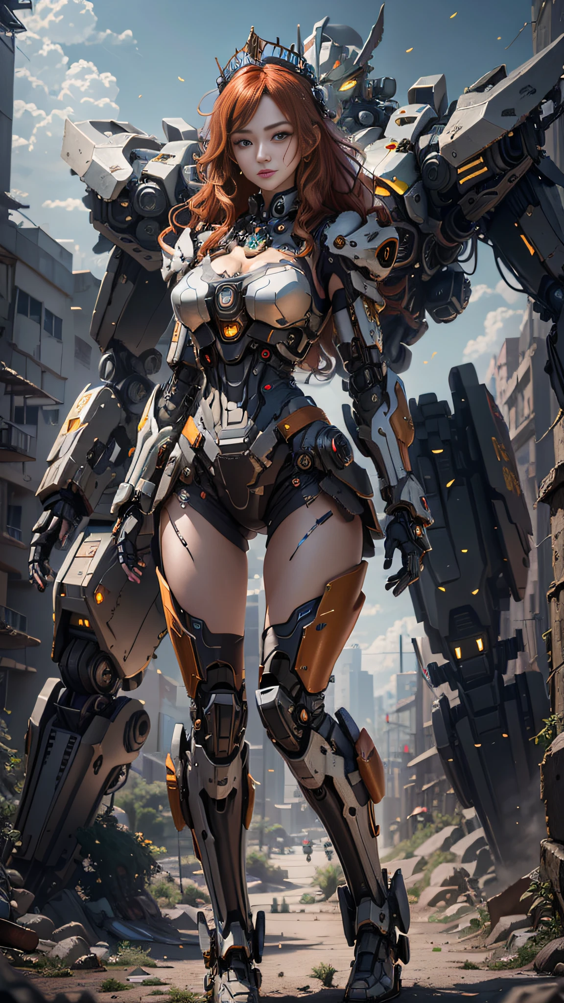 ((Best Quality)), ((Masterpiece)), (Very Detailed: 1.3), 3D, Shitu-mecha, Beautiful cyberpunk woman wearing crown with her ruined mecha of a forgotten war city, long red hair, sci-fi technology, HDR (High Dynamic Range), ray tracing, nvidia RTX, super resolution, unreal 5, subsurface scattering, PBR texture, post-processing, anisotropic filtering, depth of field, maximum sharpness and sharpness, multi-layer texture, Specular and albedo mapping, surface shading, precise simulation of light-material interactions, perfect proportions, octane rendering, duotone lighting, low ISO, white balance, rule of thirds, wide aperture, 8K RAW, high efficiency subpixels, subpixel convolution, light particles, light scattering, Tyndall effect, very sexy,