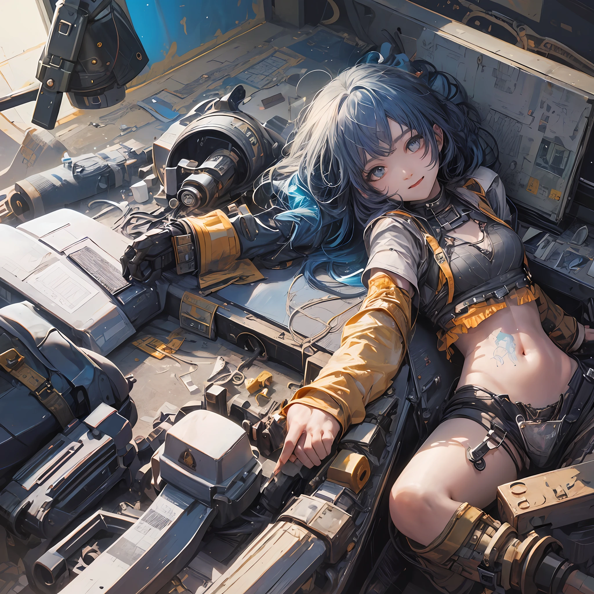 Cute girl, nine years old, no clothes, showing tits, exposed, smiled, short hair, blue hair, two-dimensional style, perfect body, lying in bed