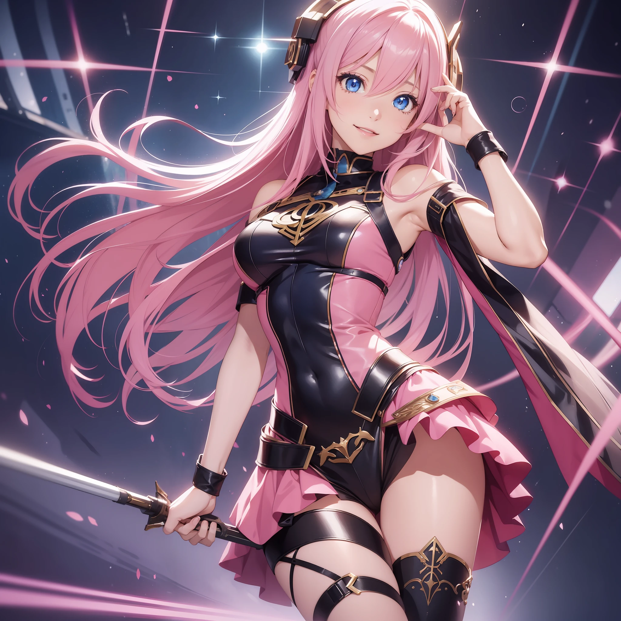 (1 Girl), (Solo: 2.0), Photorealistic, Ultra fine illustration, Beautiful charming anime girl, super detailed, smile, beautiful blue eyes, beautiful proportions, Megurine Luka, Pink hair, Gentle look, Seductive anime girl, Full body, Live stage, Gorgeous and flashy stage costume, while singing,