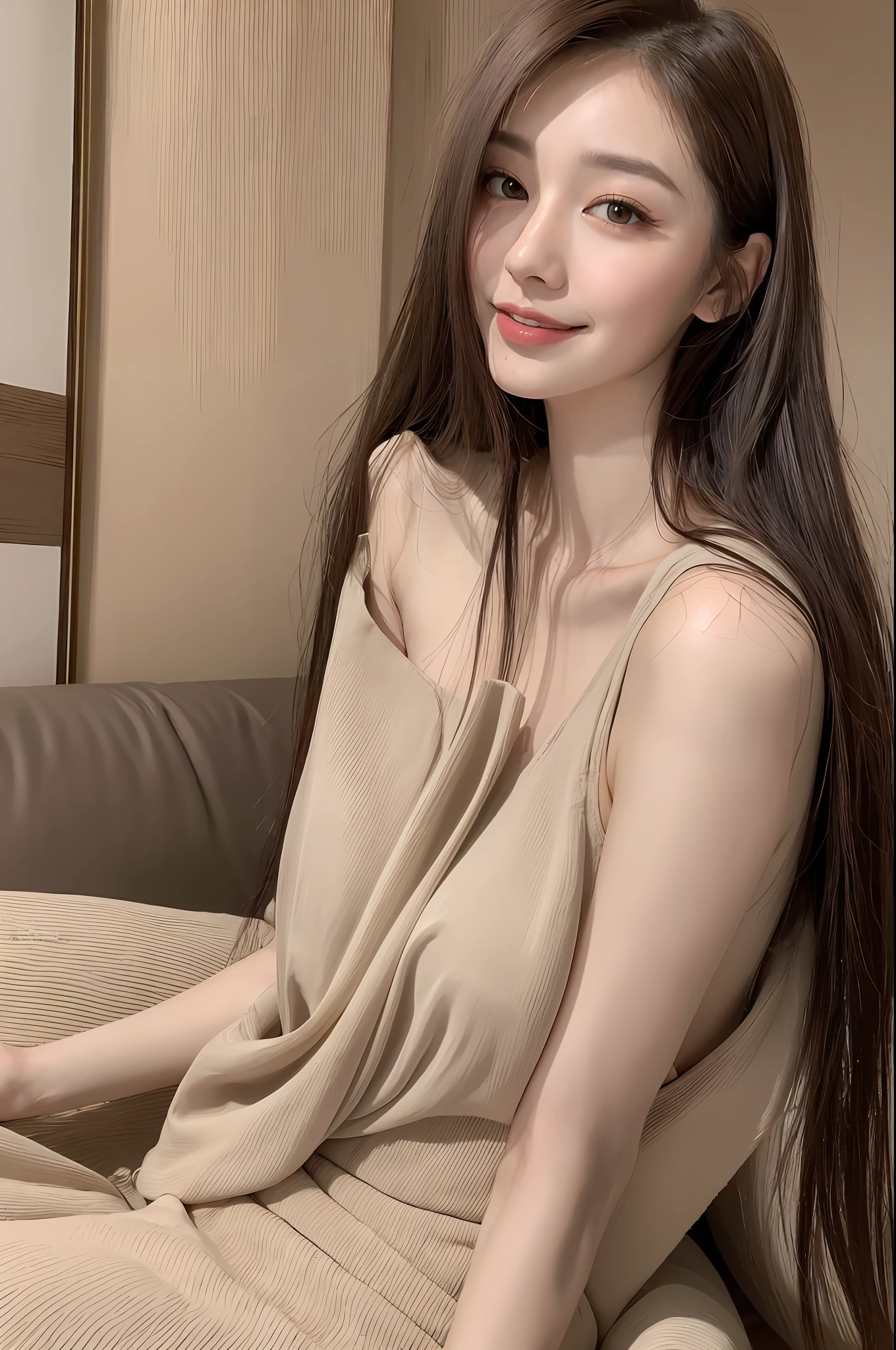 ((Best Quality, 8K, Masterpiece: 1.3)), 1girl, Slender Beauty: 1.3, (Long hair, No big breasts: 1.2), Short skirt: 1.1, Super fine face, Delicate eyes, Double eyelids, Big eyes, pretty, smile, long legs, sitting on the sofa