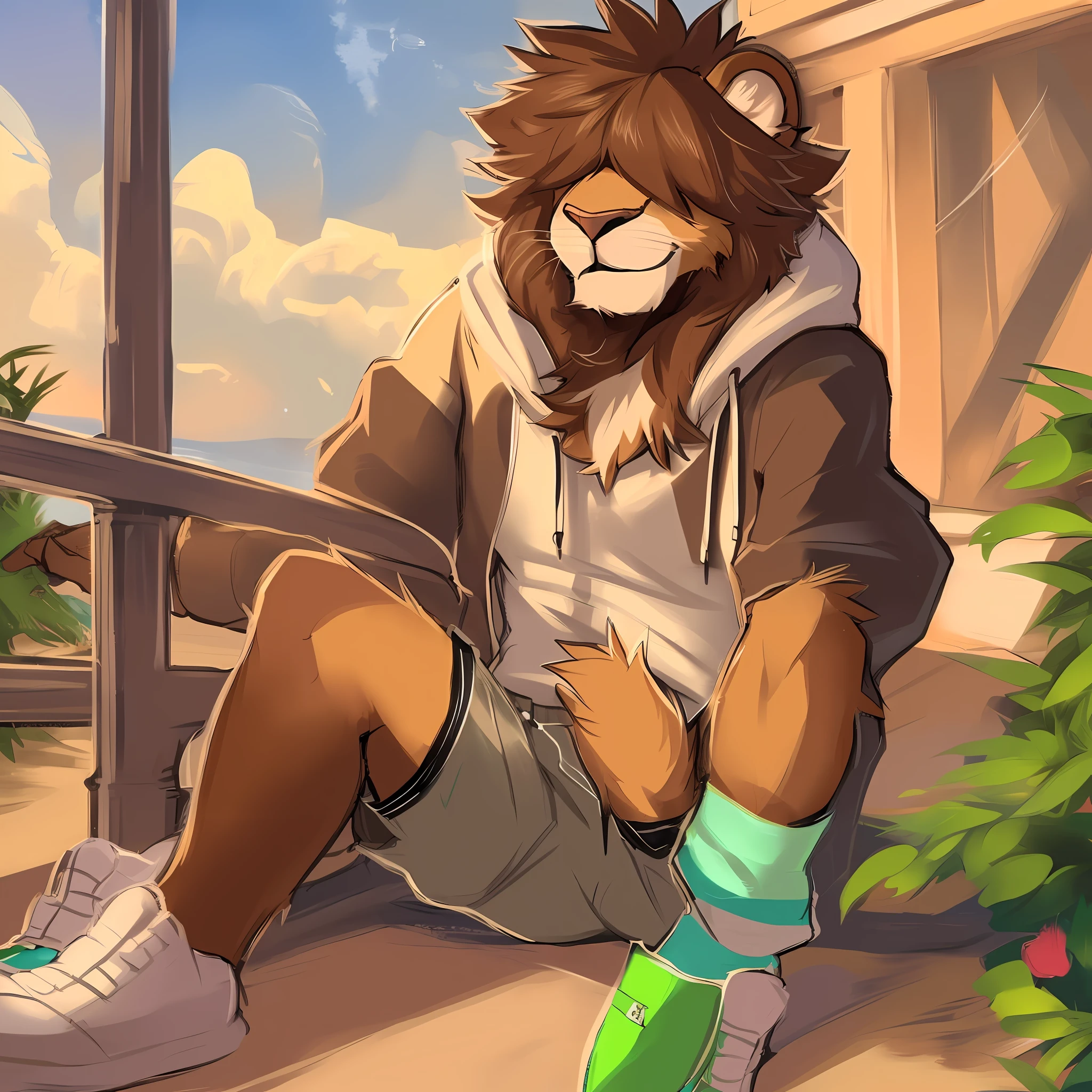 masterpiece, high quality, absurd res, digital painting \(artwork\), by zackary911, dacad,(anthro,fluffy fur,character focus:1.1),anthro male lion,short hair,portrait, hair covering eyes,panorama,character focus.(detailed background:0.7),solo,furry,furry male ,male focus,anthr,(Full body fur, lion tail, tan fur, hair covering eyes, long light brown hair:1.2),(long canines, shorts and hoodie, scruffy, skinny :1.2),(outside, day, beach:1.1) (hair covering eyes, long hair, smiling,:1.3)