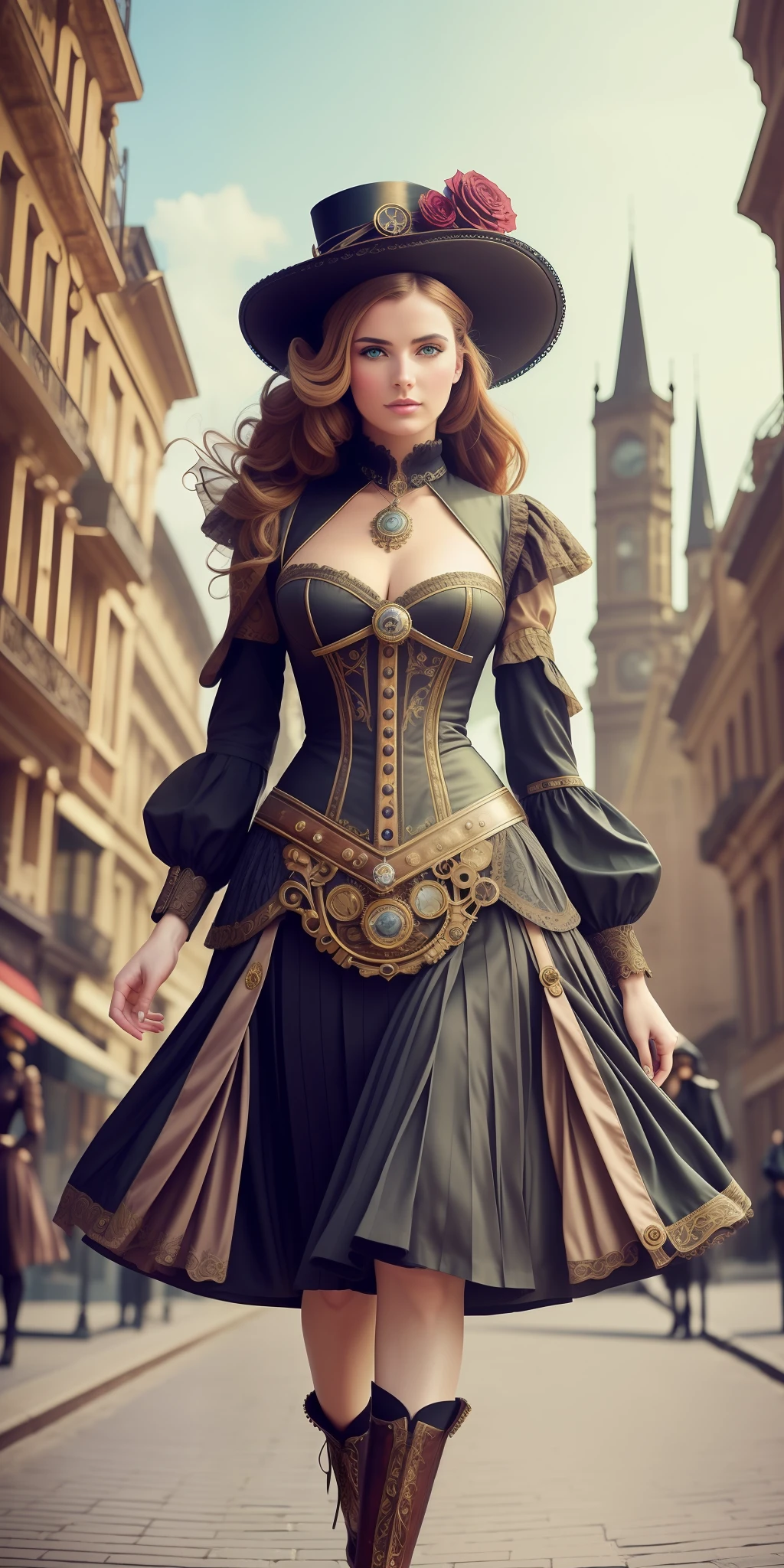 Best possible quality, high resolution 8k,most Beautiful woman with a dress and hat walking down the street, tanned skin, fine hat, elegant,fantasy Victorian art, Victorian inspired science fiction, steampunk fantasy style, steampunk fantasy, Miss Aniela, Victorian lady, Victorian city, Victorian style costume, intricate Victorian dress, Victorian inspired clothing, League holder, fine art fashion photography, steampunk fiction, steampunk aesthetic, fantasy genre portrait, fine art fashion magazine style