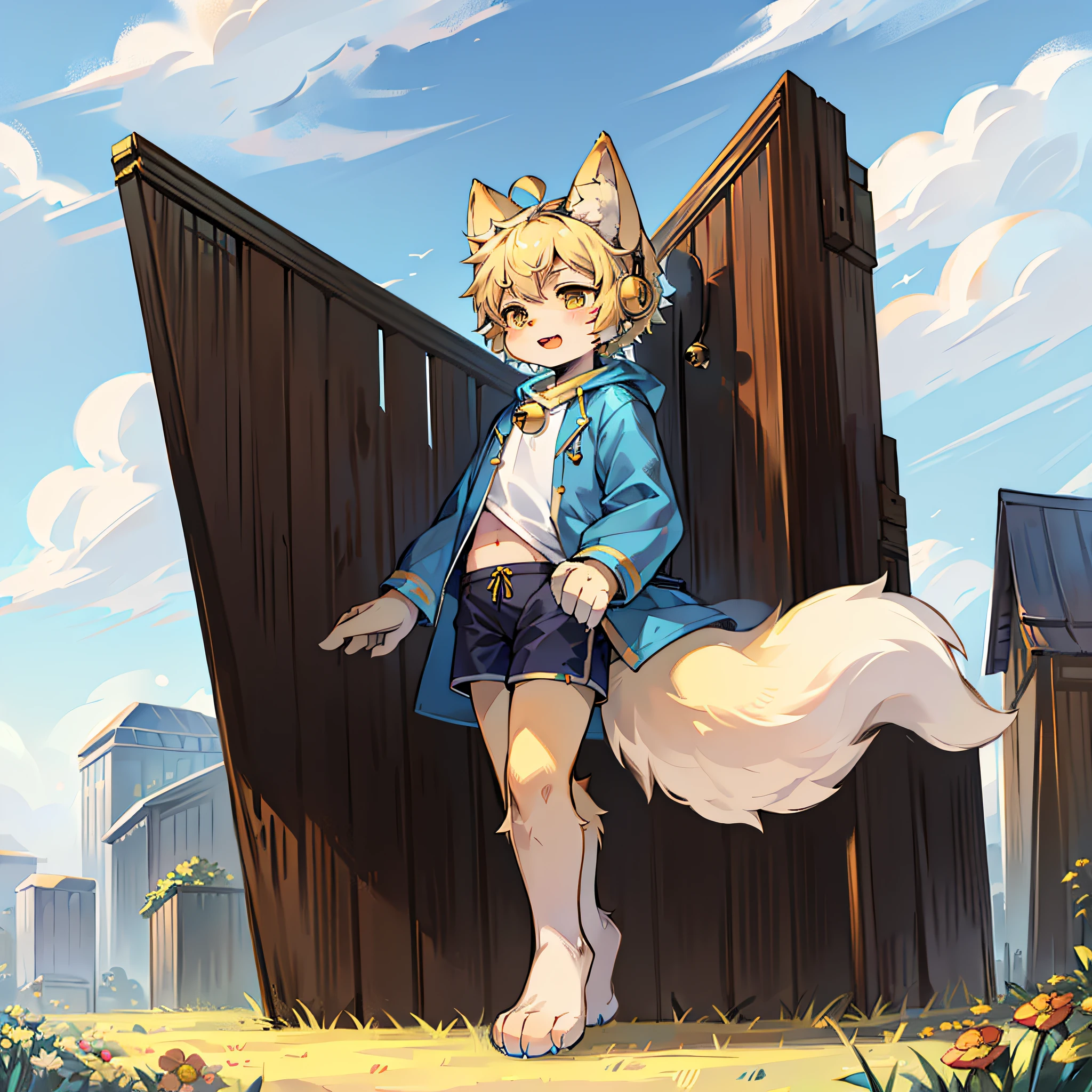 field, garden, band-aid, short hair, blonde, ahoge, bell, headphones, lower body, child, furry, cat ears, open mouth, cloud, sky, in summer, no spots, cubs, yellow fur everywhere, cat ears, cat type, big fluffy tail, masterpiece, high-quality portrait, human figure, cub, beard, solo child boy, wind, pose, full shot, sky blue coat, gray shorts, yellow scarf, white shirt, super cute face, Furry paws