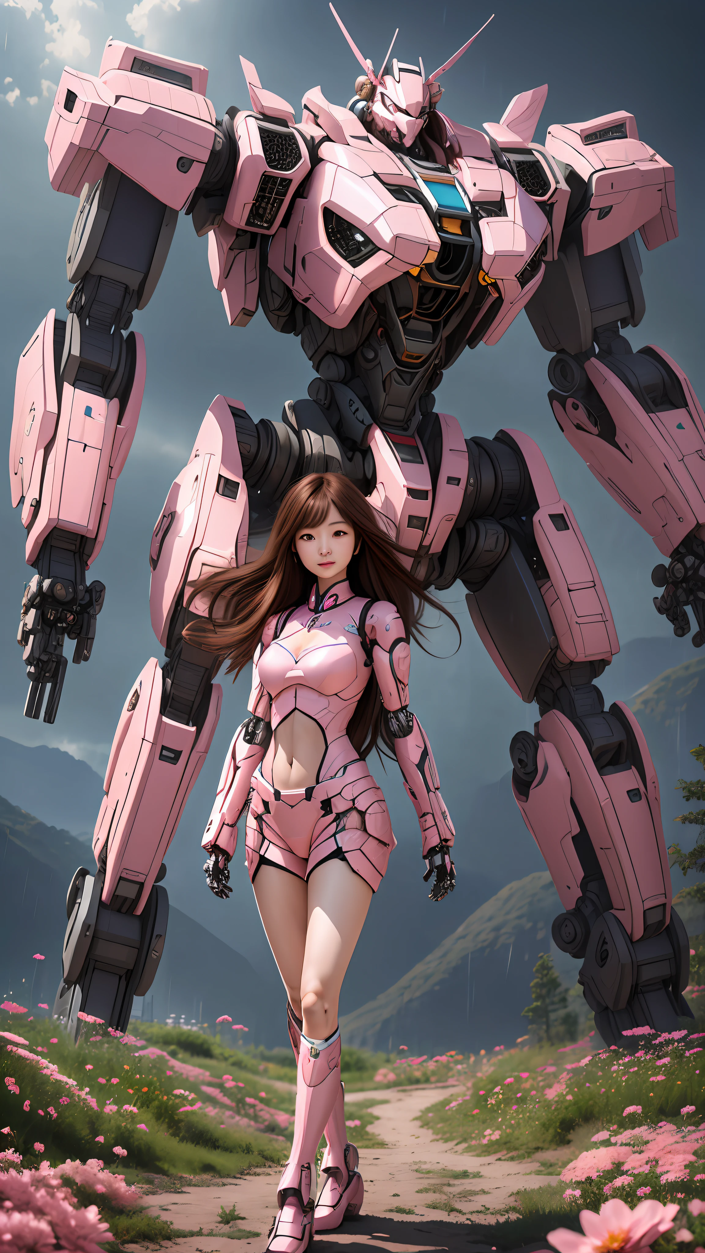 shitu-mecha,
( pureerosface_v1:0.5),mustee,Korean Doll,
Realistic photography,High quality,8k resolution,real photos,(((A mech girl with long hair,brown hair,medium breasts, )),chinese girl, tight fitting, navel),The ground is covered with flowers,shitu-mecha behind the girl,Magnificent and spectacular,full body,mysterious,photo by Brandon Woelfelmist,surreal dream,gray atmosphere,rainy day,dynamic,lut,hdrmprofessional lighting,photon mapping,radiosity,physically-based rendering,delicate realism,araydynamic and expressive animations,
(Pink Style:1.3),