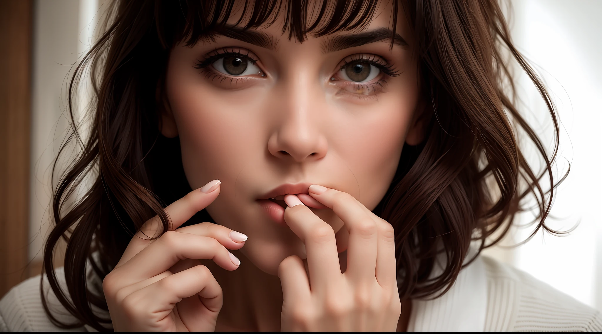Woman with her finger in her mouth asking for silence