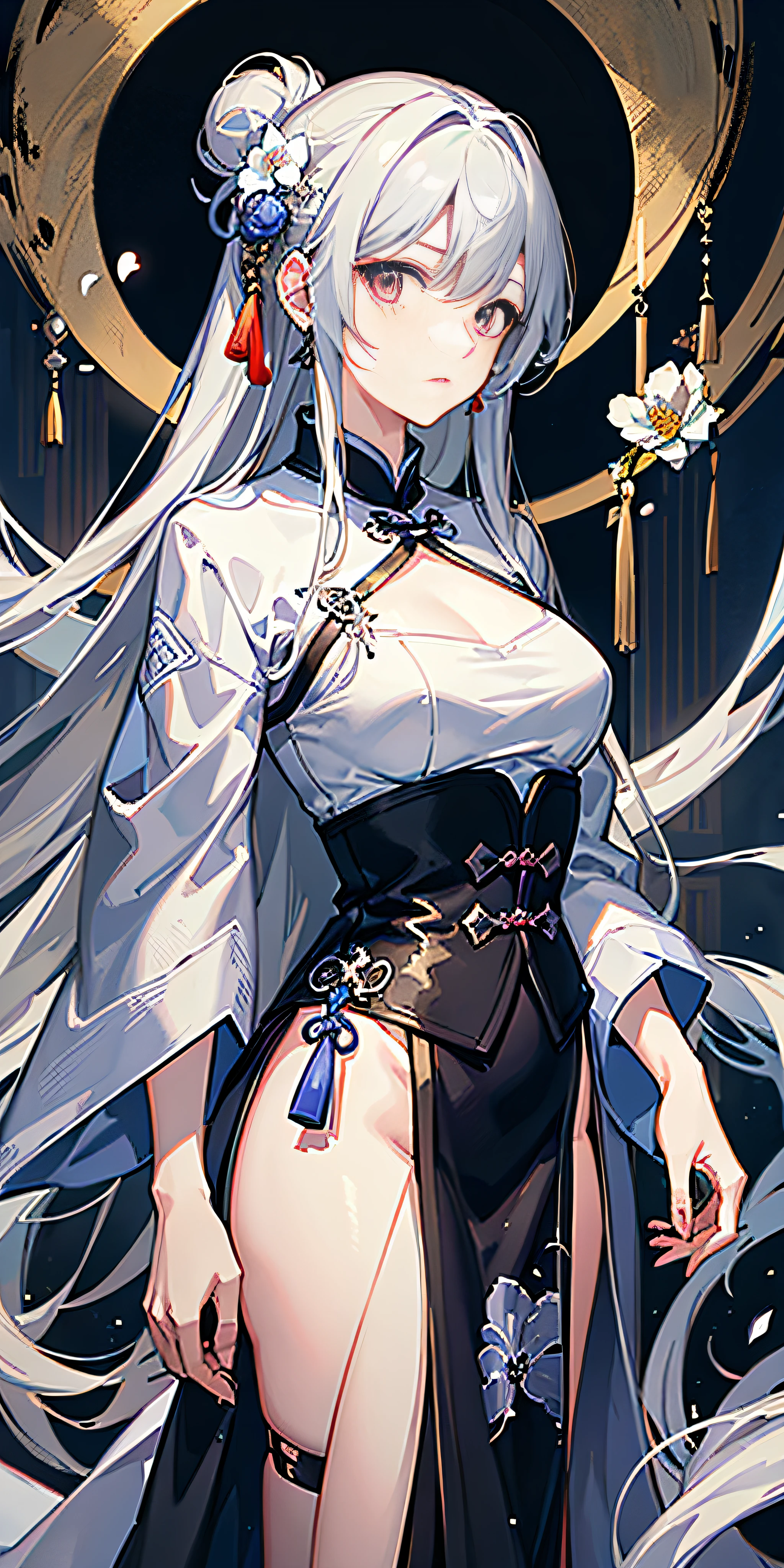 Masterpiece, Best, Night, Full Moon, 1 Female, Mature Woman, Chinese Style, Ancient China, Elder Sister, Royal Sister, Cold Face, Expressionless, Silver White Long Haired Woman, Pale Pink Lips, Calm, Intellectual, Three Belts, Gray Hitomi, assassin, dagger, flower ball background, street view