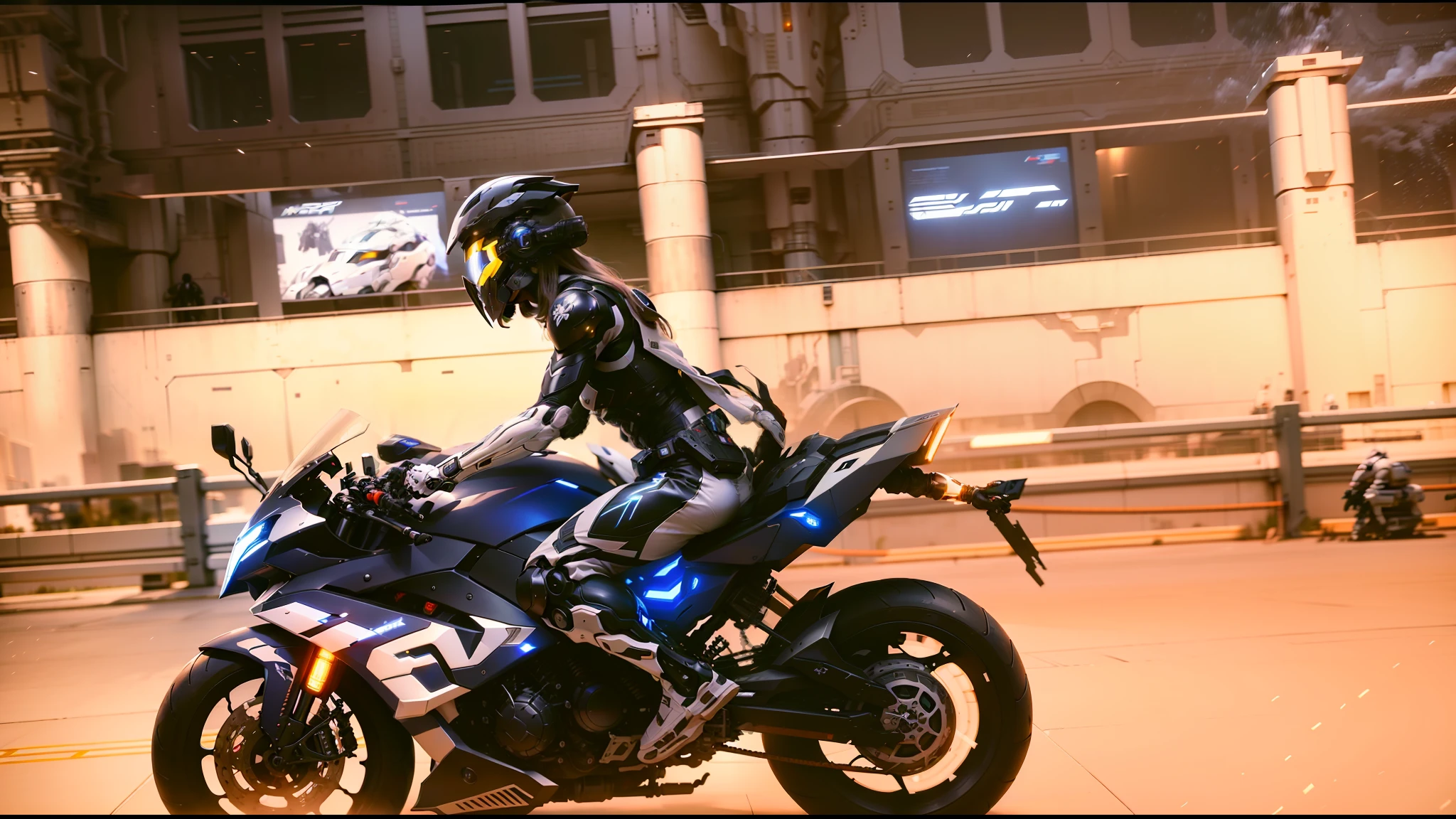 White mech clothes and pants, white flowing long hair, cyber warrior and cyber mechanical motorcycle, full body exquisite high-tech armor, exquisite black tech helmet, Nousr, biomechanics, MSHN robot man, high-tech helmet, surreal, steel, intricate design, crazy details, fine details, extremely clear lines, cinematic lighting, photorealistic, detailed masterpiece