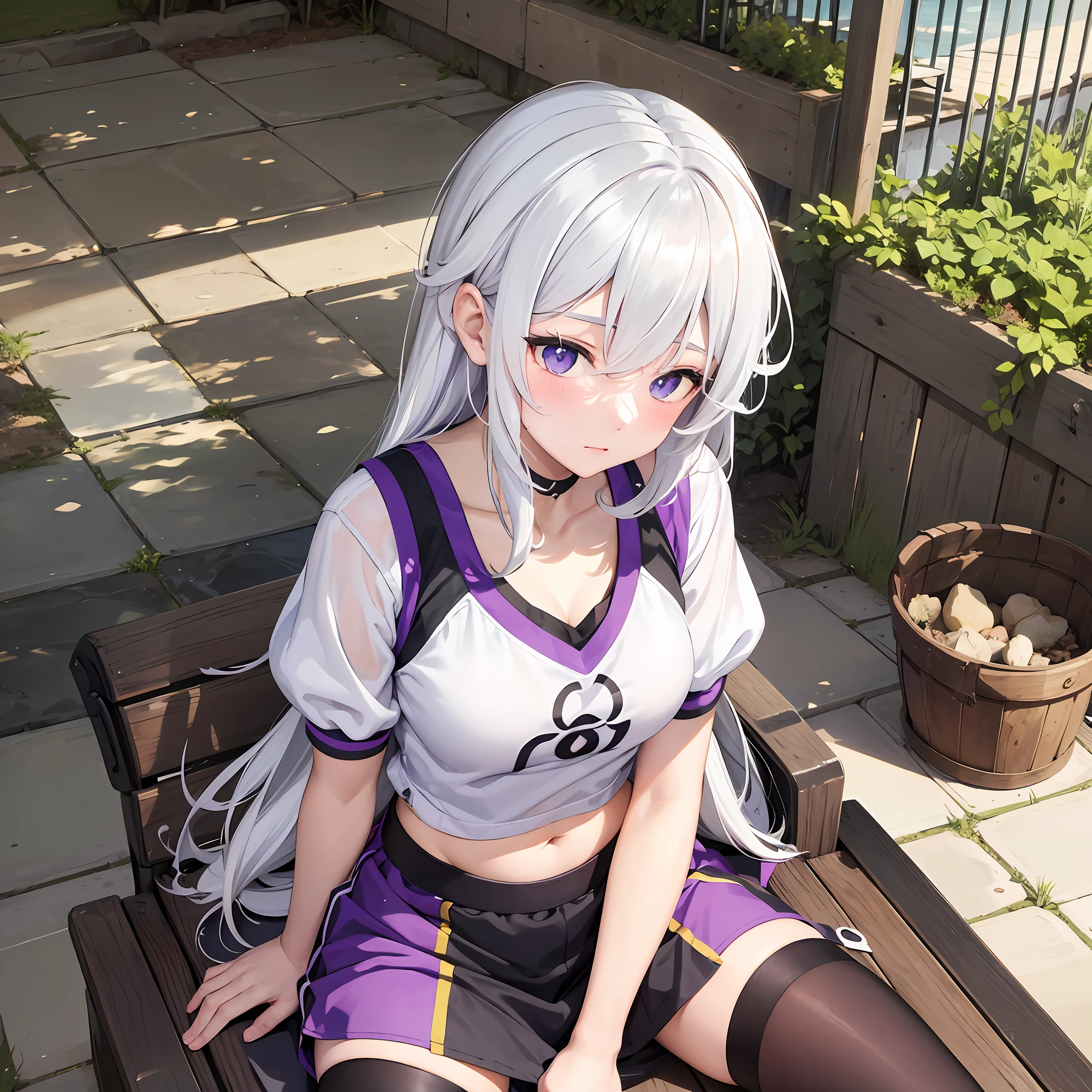 Anime girl with white hair and purple shirt sitting on bench, anime drawn by Ei-Q, pixiv, self-destruct art, anime girl, seductive anime girl, navel display, anime best girl, anime moe art style, anime visual of cute girl, anime girl, perfect gray hair girl, attractive anime girl, anime cover, young anime girl, I write just sweaty clothes, after exercise, sweaty --, bare chest --auto --s2