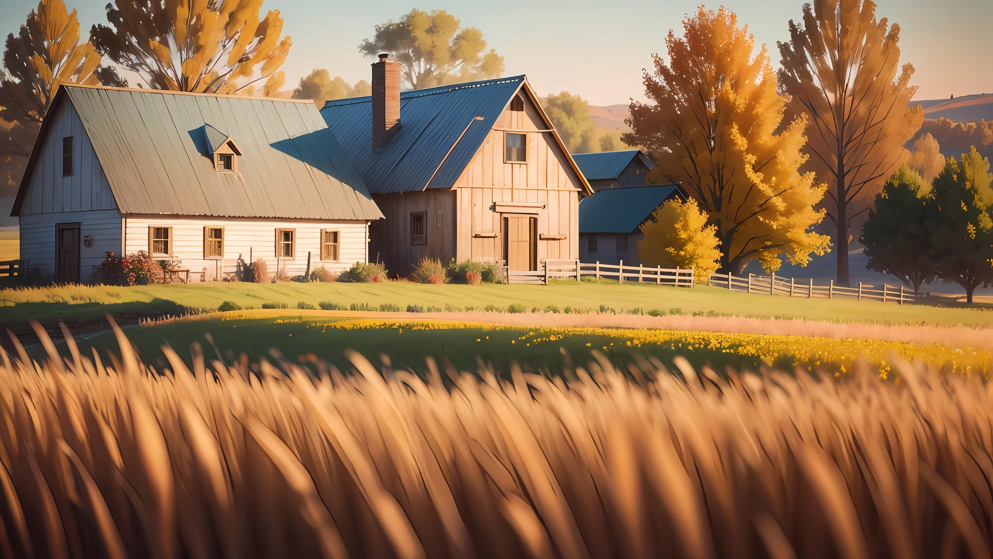 Description: Combine the beauty of matte painting and impressionism to portray a rustic country landscape during harvest season. Picture sun-kissed fields stretching towards the horizon, filled with golden wheat ready for harvest. Paint vibrant, textured strokes to capture the essence of impressionism, enhancing the image with matte painting techniques to depict a working farmstead in the distance. Add touches of warm autumn colors to evoke a cozy and inviting atmosphere --auto --s2