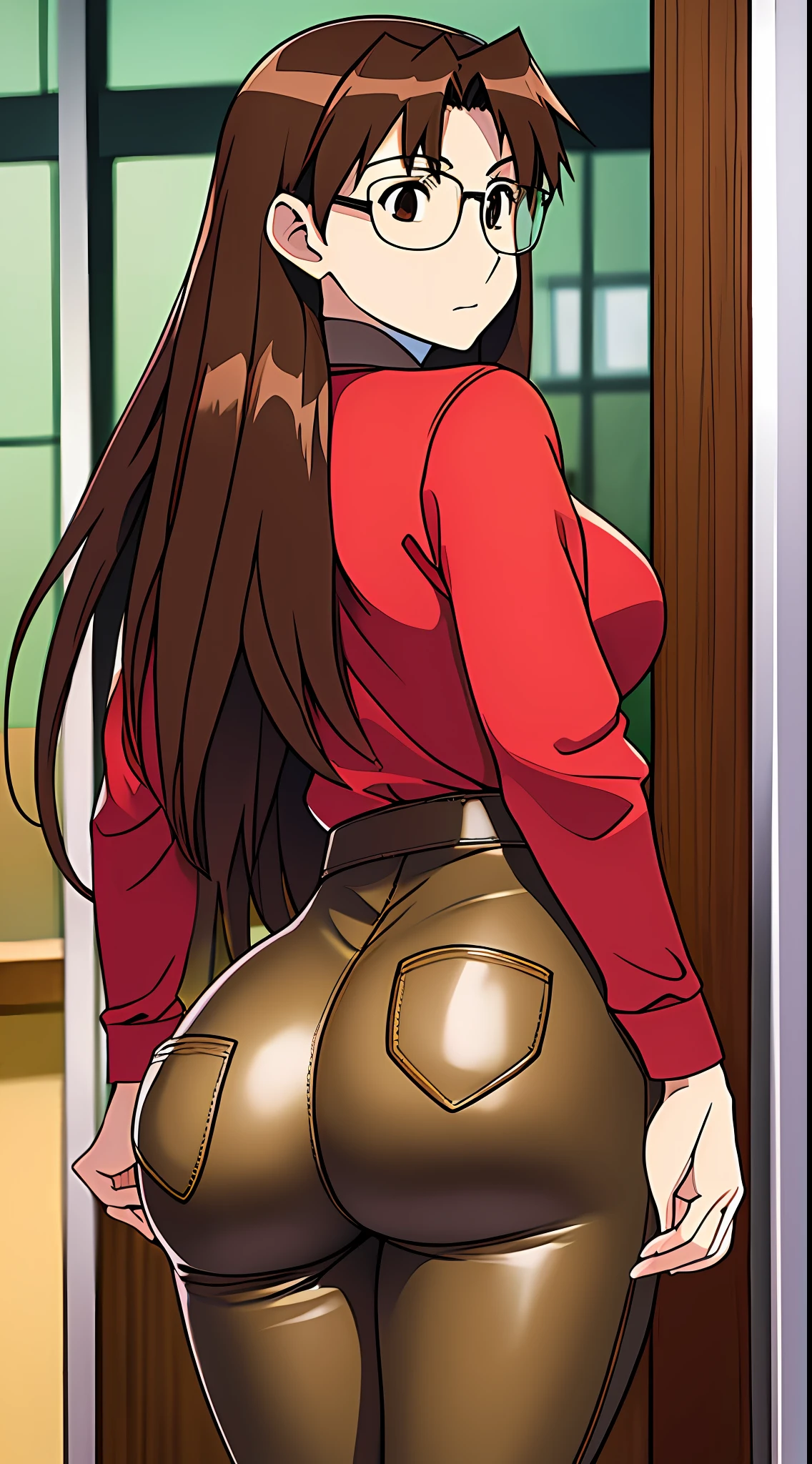 Koyomi Mizuhara, brown hair, long hair, glasses, tall girl, Sleeved shirt, breasts, fit body, slim waist, ass, tight pants, shoes, view from behind, close up, putting hands on her waist/ass