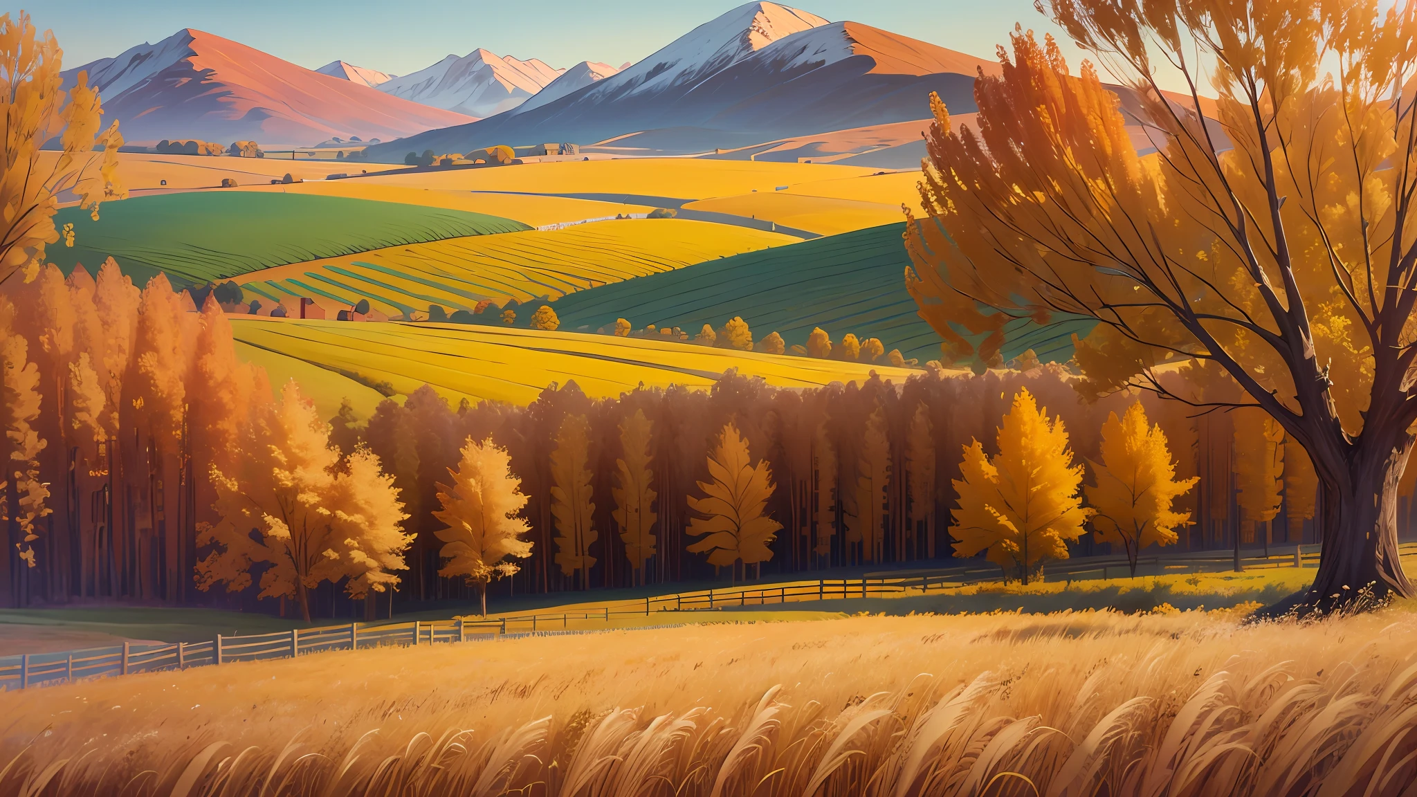 Description: Combine the beauty of matte painting and impressionism to portray a rustic country landscape during harvest season. Picture sun-kissed fields stretching towards the horizon, filled with golden wheat ready for harvest. Paint vibrant, textured strokes to capture the essence of impressionism, enhancing the image with matte painting techniques to depict a working farmstead in the distance. Add touches of warm autumn colors to evoke a cozy and inviting atmosphere --auto --s2