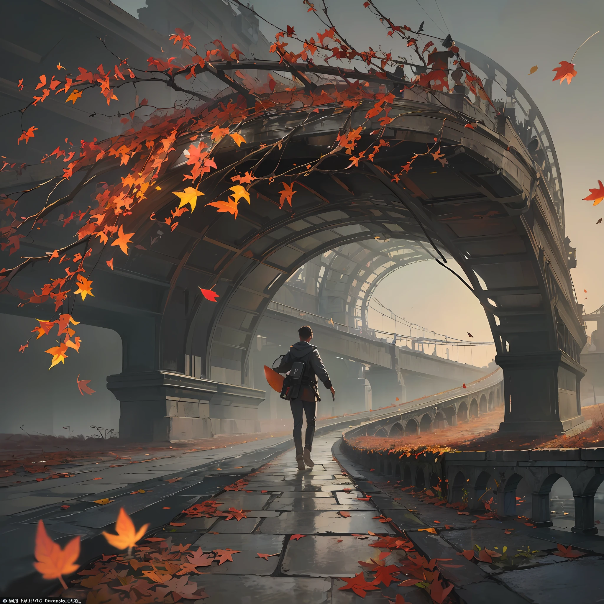 Computer, realistic fantasy, Extensive landscape ultra photography (general view, stone pavement, sky, falling leaves, whirlwind of many leaves, deciduous hurricane, cycle of leaf searches, dynamic movement, small whirlwind on the bridge, leaves rising up, man of leaves), fog, dawn, blurred background, gloomy, magic