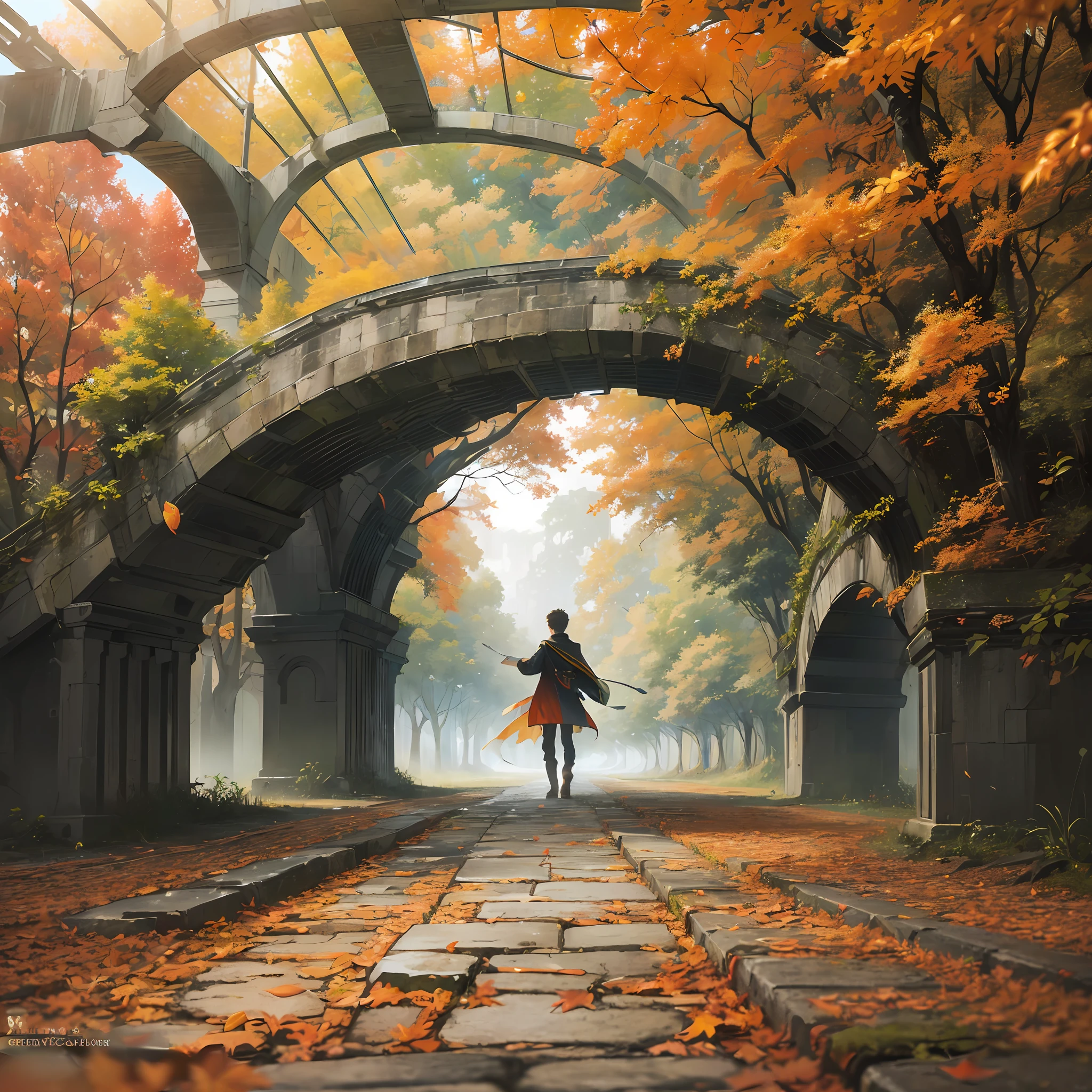 Computer, realistic fantasy, Extensive landscape ultra photography (general view, stone pavement, sky, falling leaves, whirlwind of many leaves, deciduous hurricane, cycle of leaf searches, dynamic movement, small whirlwind on the bridge, leaves rising up, man of leaves), fog, dawn, blurred background, gloomy, magic