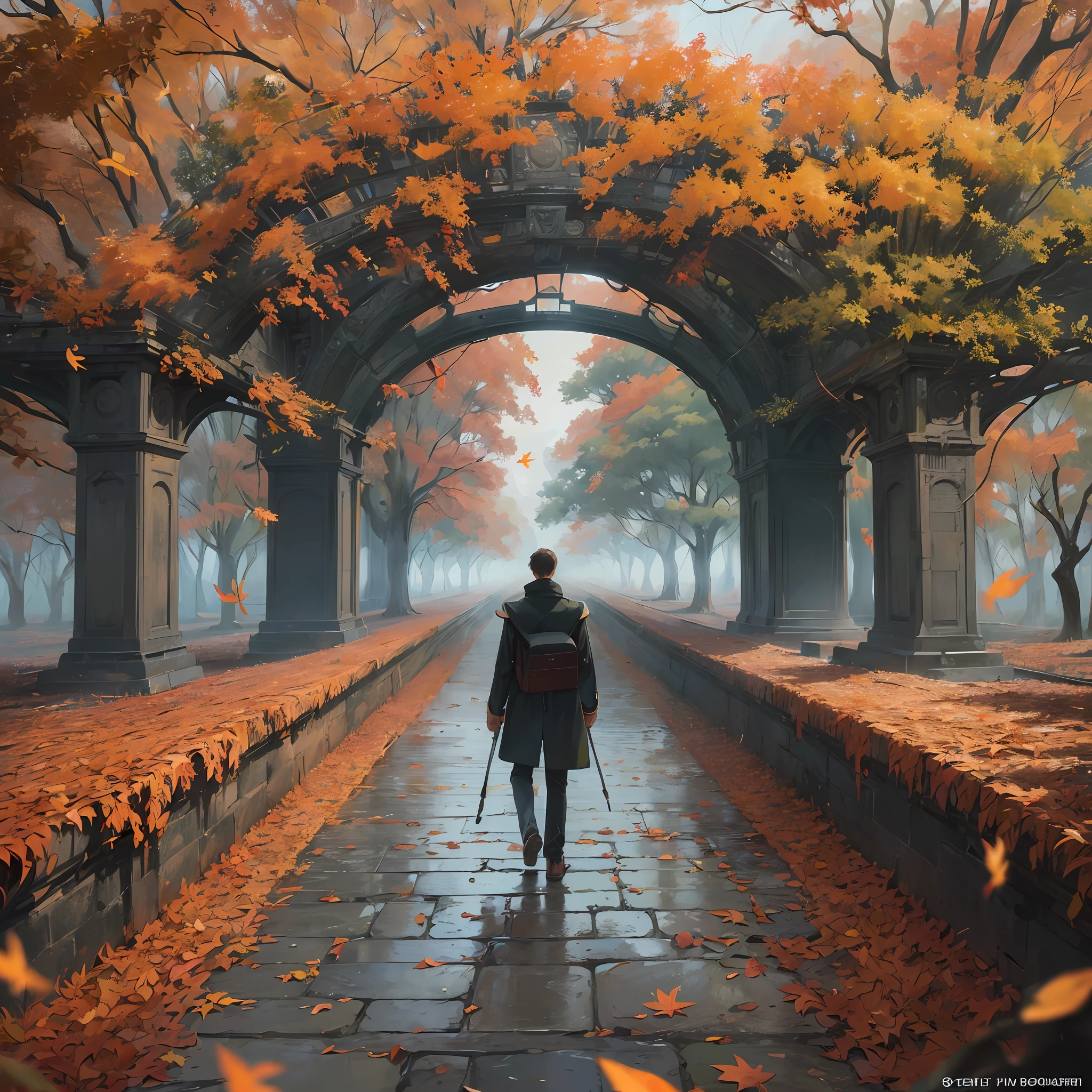 Computer, realistic fantasy, Extensive landscape ultra photography (general view, stone pavement, sky, falling leaves, whirlwind of many leaves, deciduous hurricane, cycle of leaf searches, dynamic movement, small whirlwind on the bridge, leaves rising up, man of leaves), fog, dawn, blurred background, gloomy, magic