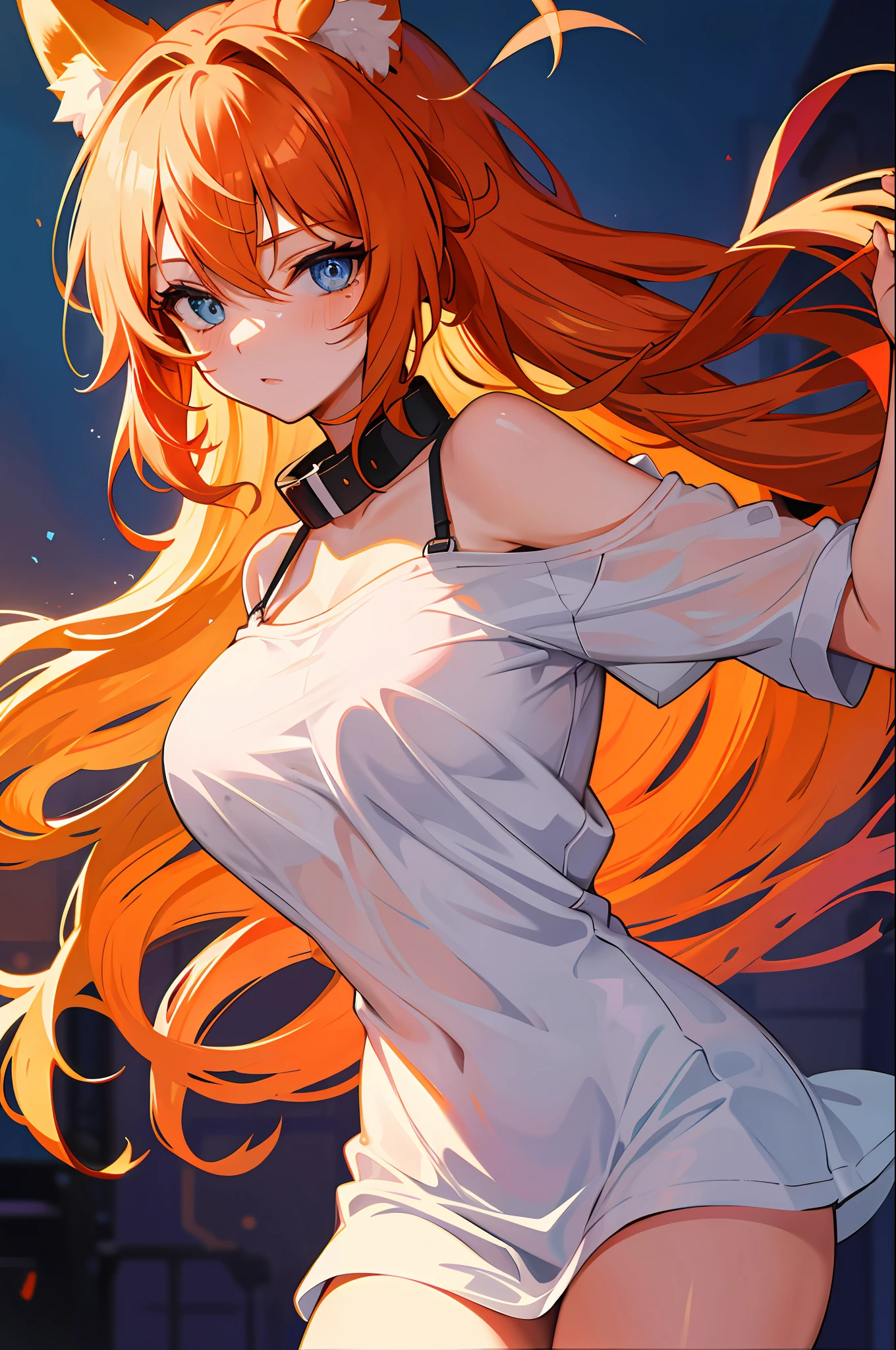 1girl, fox ears, orange hair, blue eyes, collar, loose shirt, in a bed, defined curves, skin, intimate, gorgeos, in love, traced light, high details,digtal art, night, long hair,blushing, insecure, cute, sensual, shadows, contrast, beautiful eyes, gentle, delicate, scalpa, vivid eyes, messy hair, puffy, out of breath, no bra, no pants, hands hidden in the back,