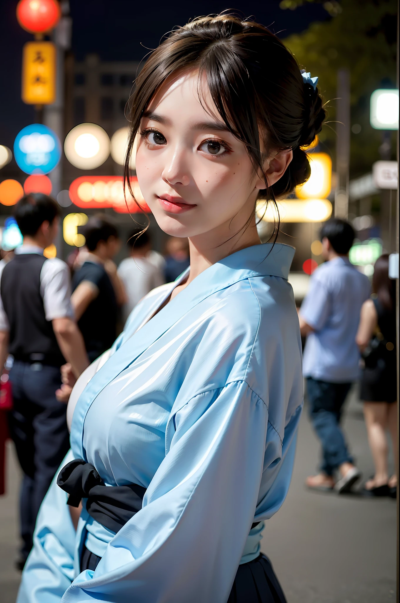 1girl, Tokyo street, summer night, cityscape, yukata, city lights, upper body, close-up, 8k, RAW photo, highest quality, masterpiece, realistic, photorealistic,