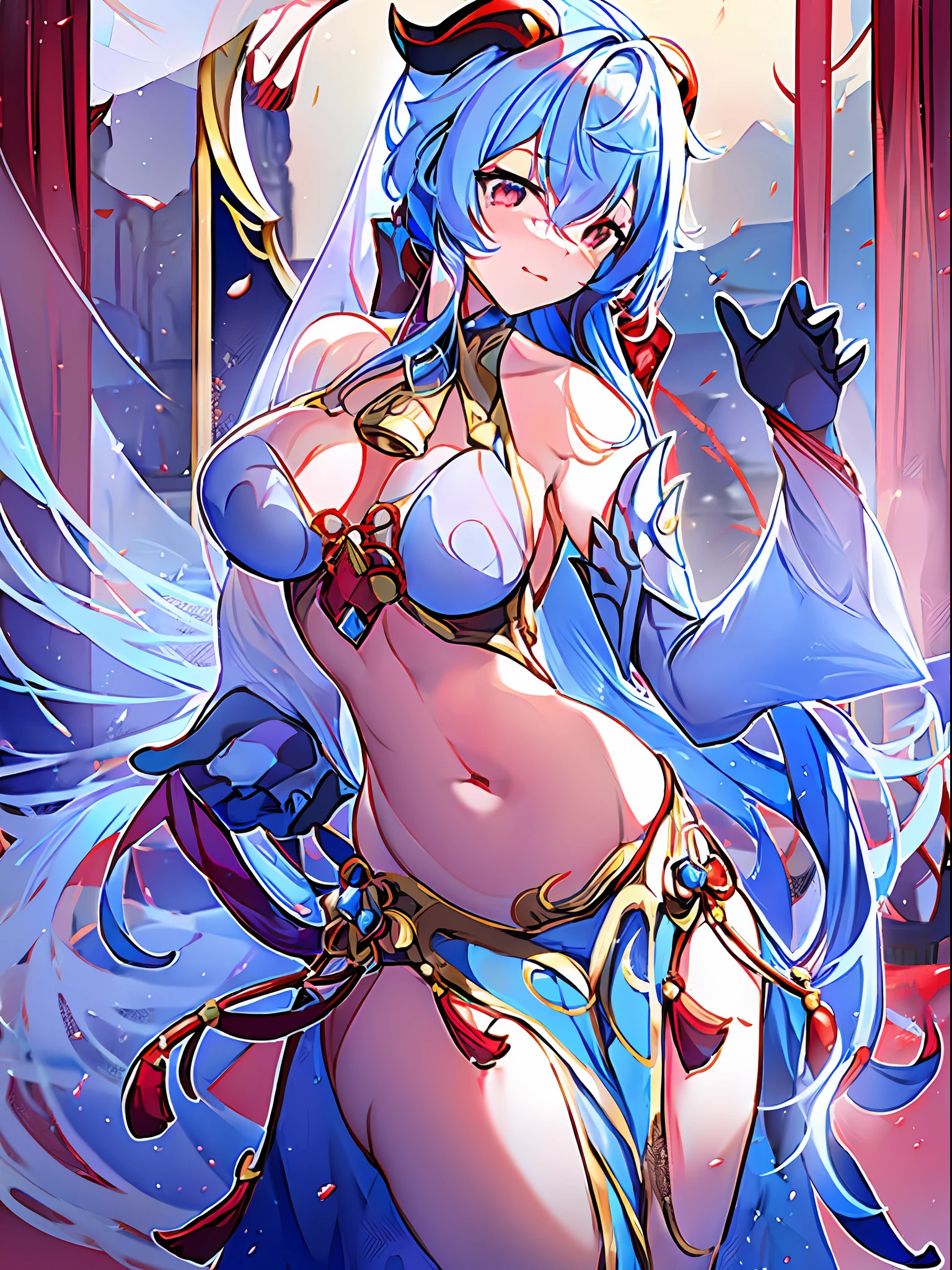 ganyu (genshin impact\), light blue hair, red eyes, red horns, white veil, lace costume, belly dancing, beautiful scenery, Arabian style, constriction, midchest