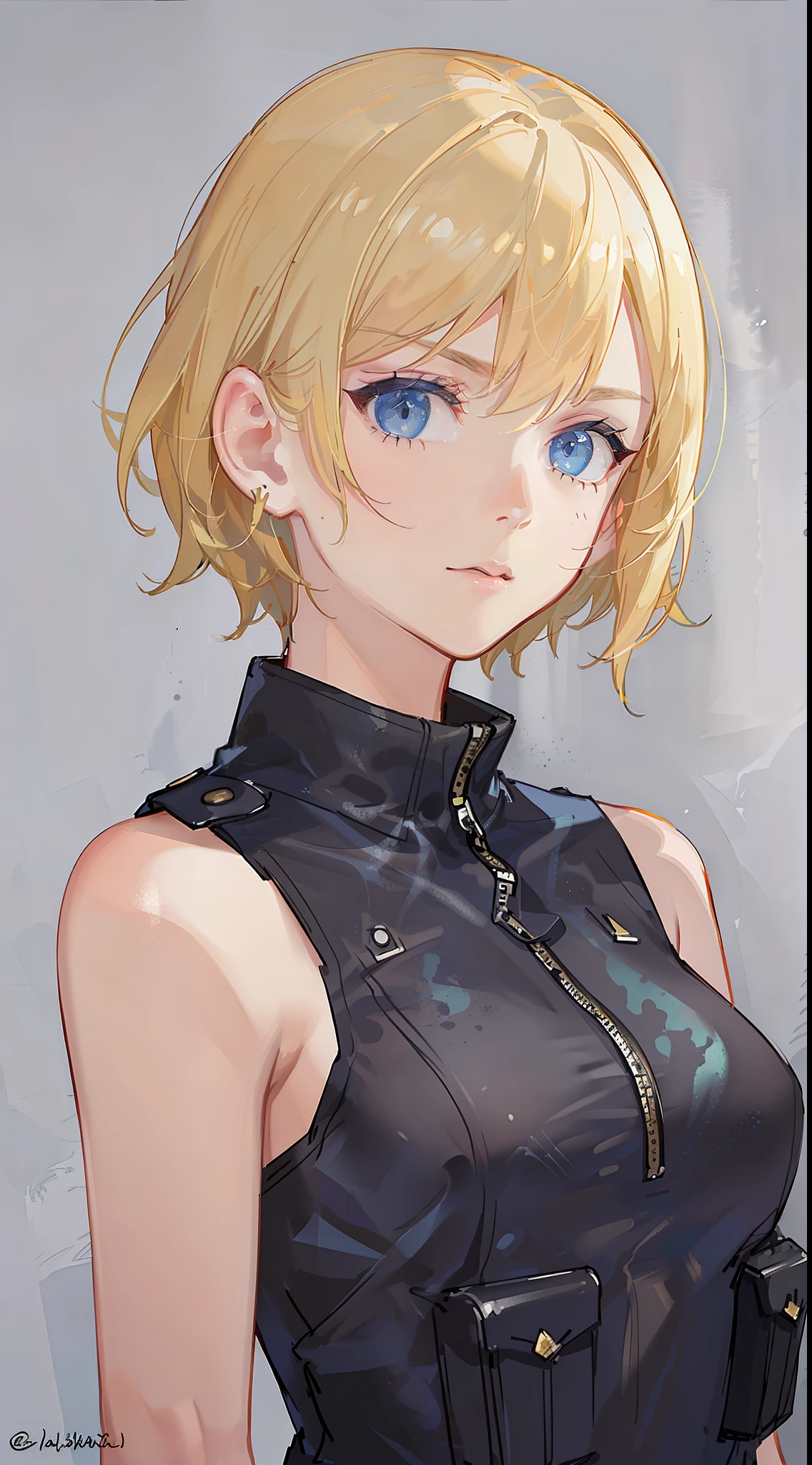 Young girl, short blonde hair, blue eyes, soldier's camouflage uniform, sleeveless T-shirt, open belly, gun, serious look, masterpiece, high quality