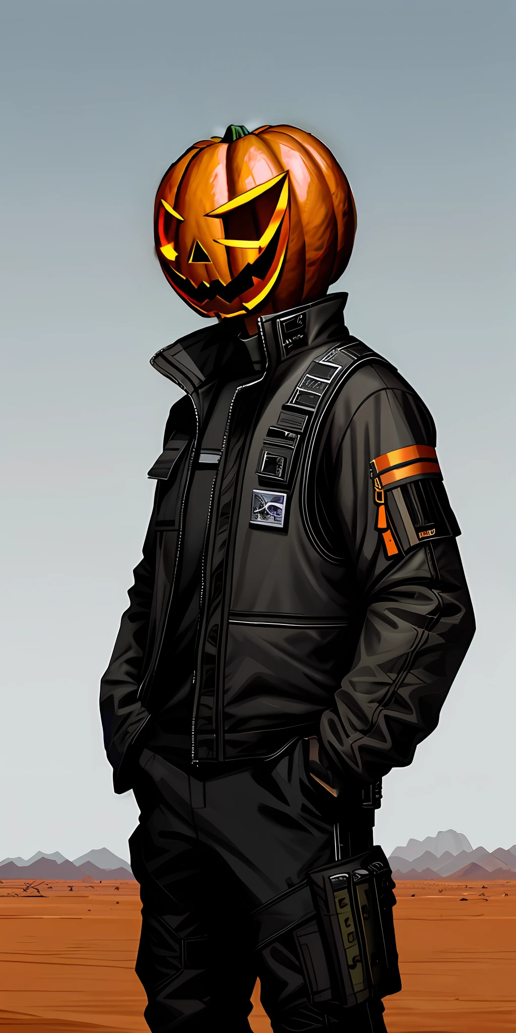 Halloween pumpkin head helmet, hands in pocket