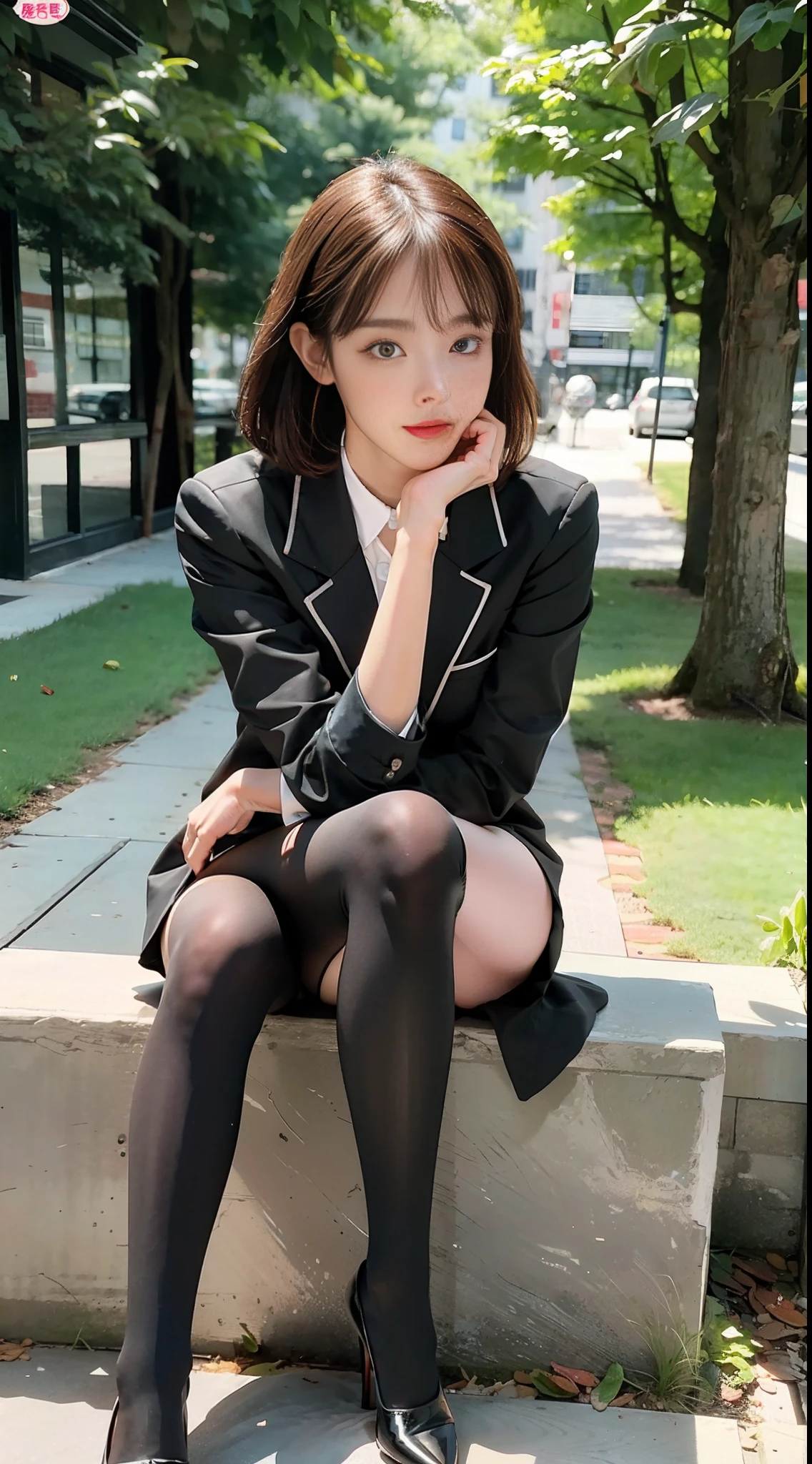 Best quality, full body portrait, delicate face, pretty face, 25 year old woman, slim figure, small bust, OL uniform, office clothes, black stockings, outdoor scene, sitting position