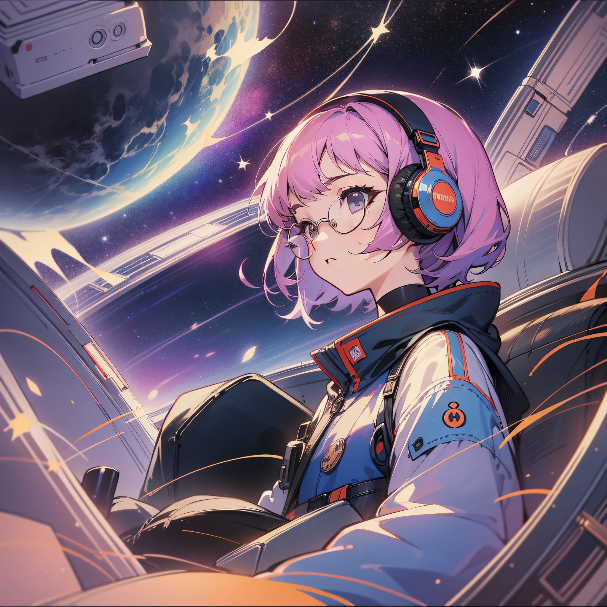 retro music album cover design, lofi filter, girl with black and round glasses wearing headphones, she is sitting on top of a spaceship looking at the stars, 90s anime art style, vintage look, galaxy background ar 1:1 --niji 5 --s 400