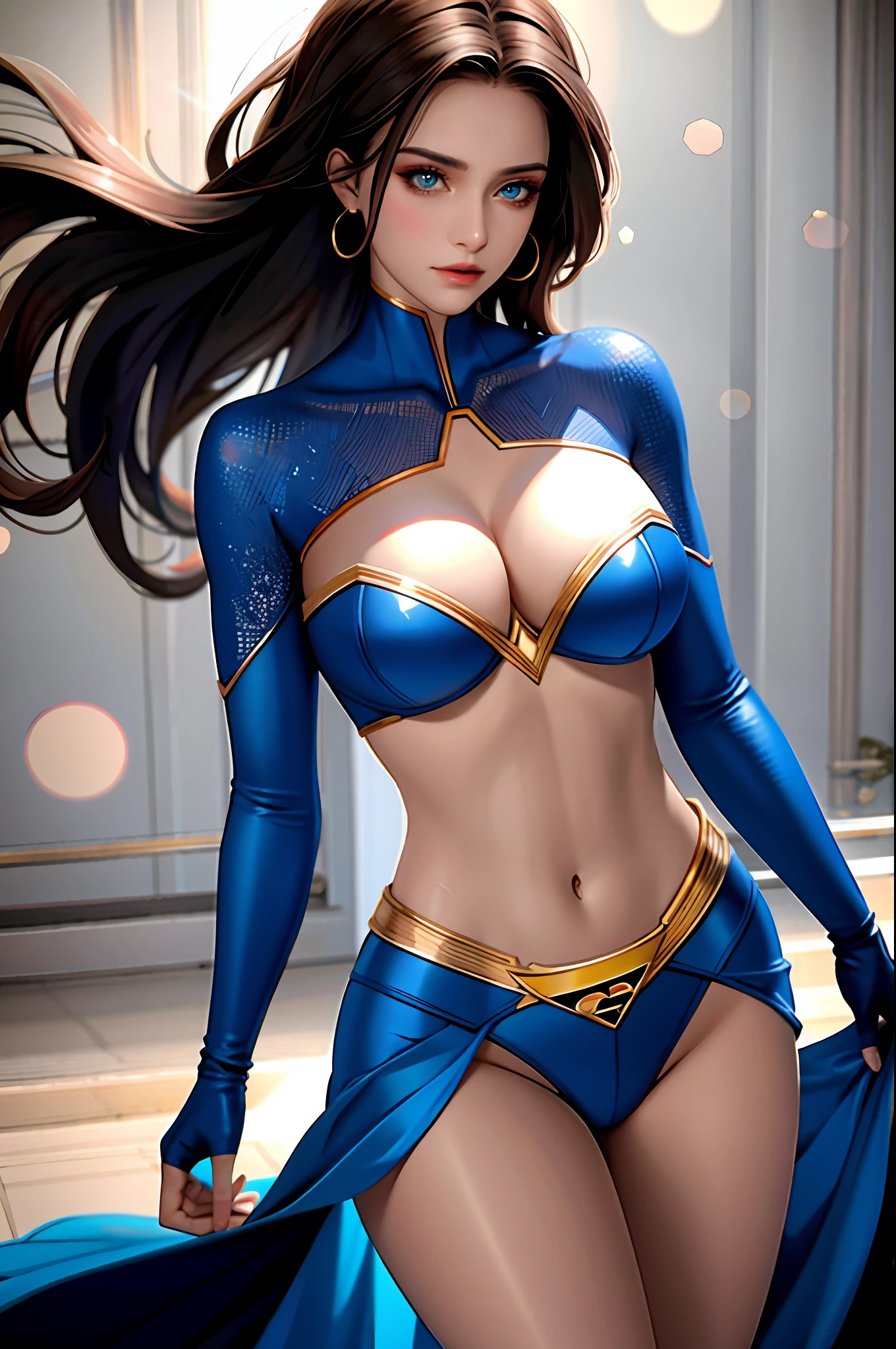 A woman, masterpiece, best quality, high quality, high definition, high quality texture, high quality shadow, high detail, beautiful detailed, finely detailed, extremely detailed cg, detailed texture, a realistic representation of the face, realistic, colorful, delicate, cinematic light, side lighting, Lens Flare, ray tracing, sharp focus, (1girl, __focus__:1.3), (intricate details, makeup, PureErosFace_V1:0.5), (Detailed beautiful delicate face, detailed beautiful delicate eyes, a face of perfect proportion, detailed high skin, detailed skin, best ratio four fingers and a thumb, arms under the chest, large medium breasts, wide hips, smooth midriff, thin and thin, __fashion__, __hair__: 1.3), __location__, no hands, no more hands, no missing fingers, Superman S symbol on the chest.
