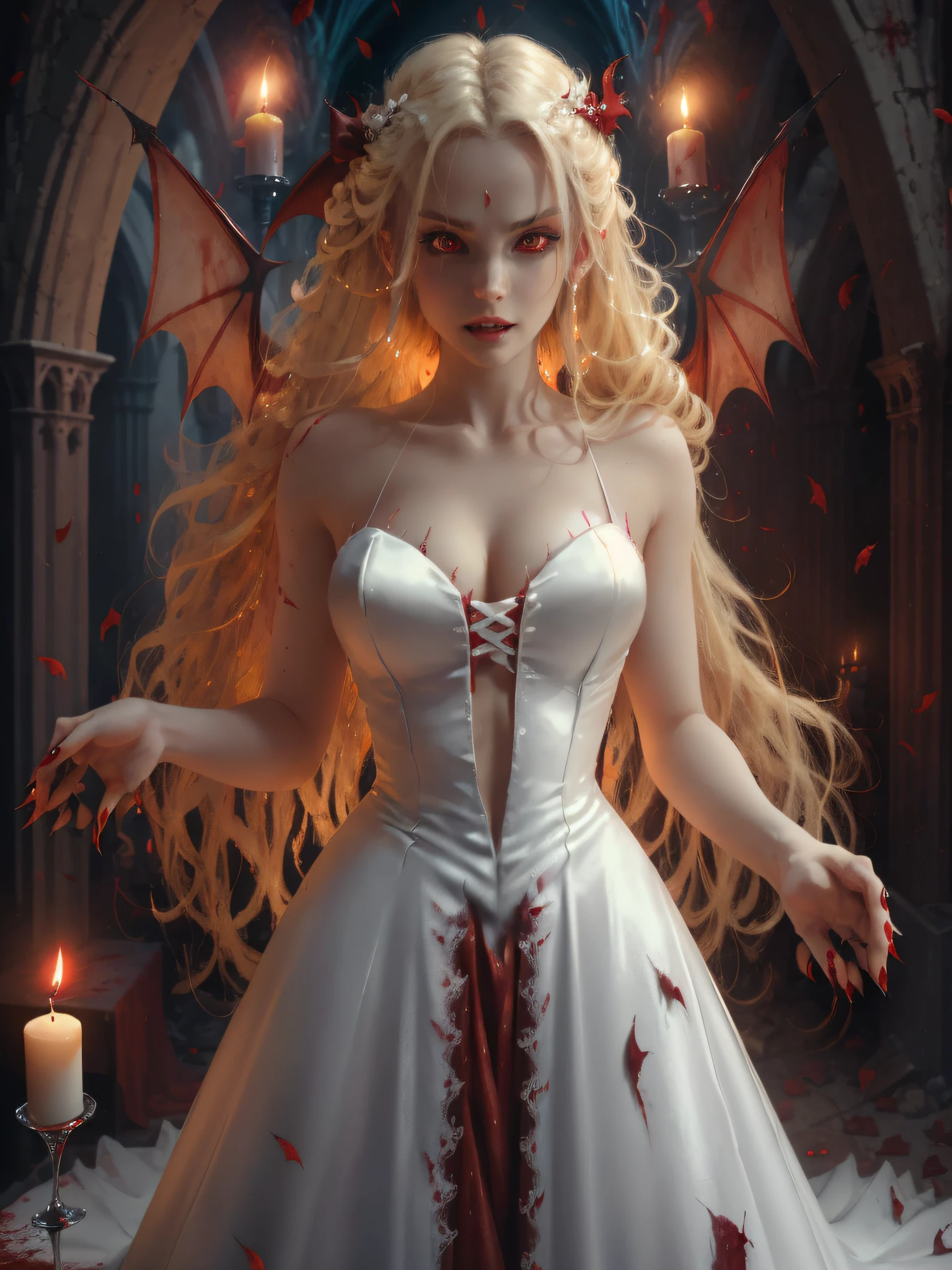 A sexy vampire wearing a wedding dress, stained with blood, staring at the viewer, full body, flowing blonde hair, menacing gaze and fangs, gleaming vampire wings, blood staining her pale face, large, sharp nails ready to pounce, in a dark abandoned church with a few candles lighting up, with intensely mesmerizing red eyes